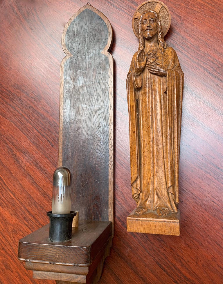 Detailed Hand Carved Oak Sacred Heart of Jesus Statue on Wall Console ...