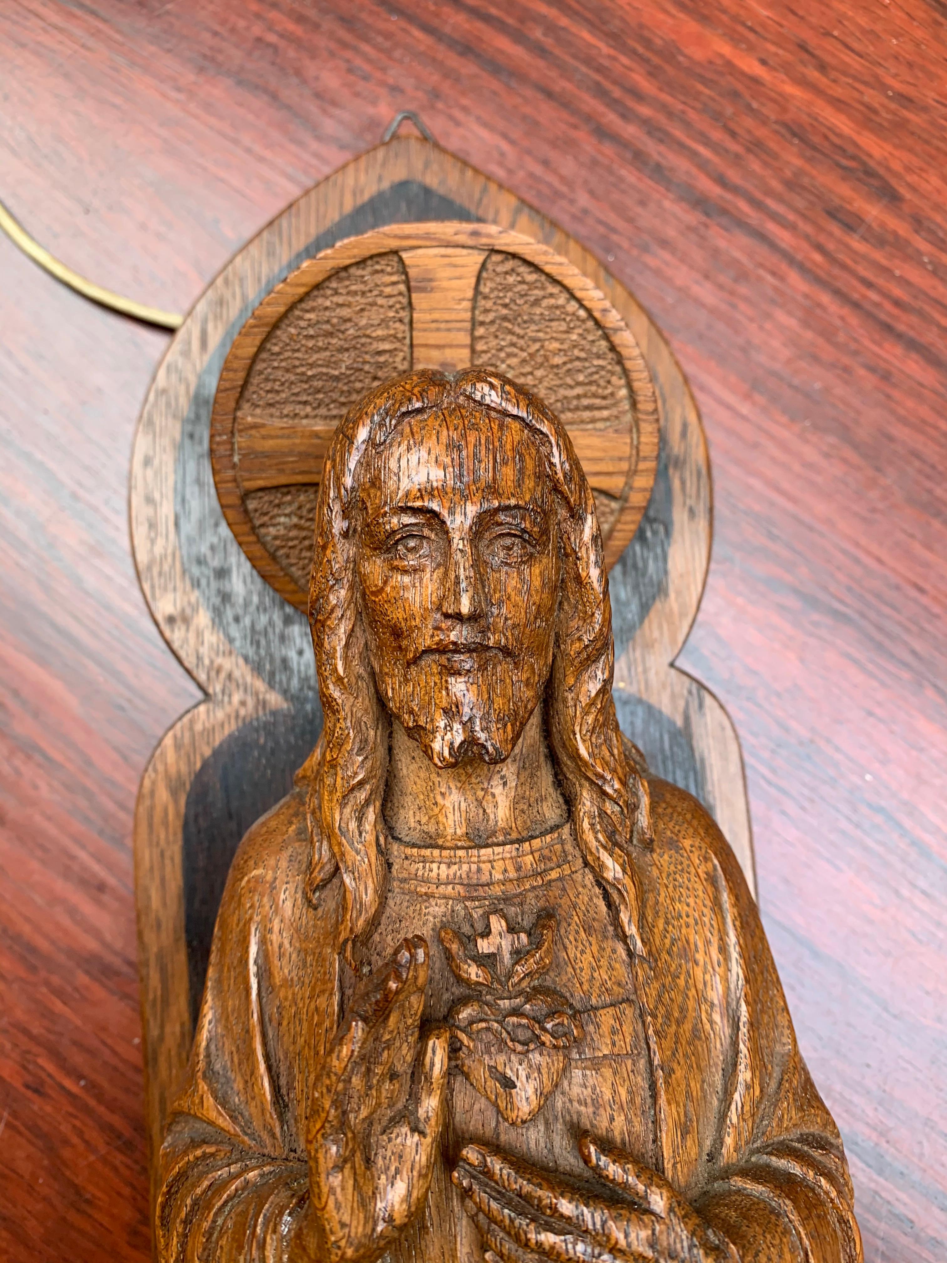 Detailed Hand Carved Oak Sacred Heart of Jesus Statue on Wall Console with Light 9