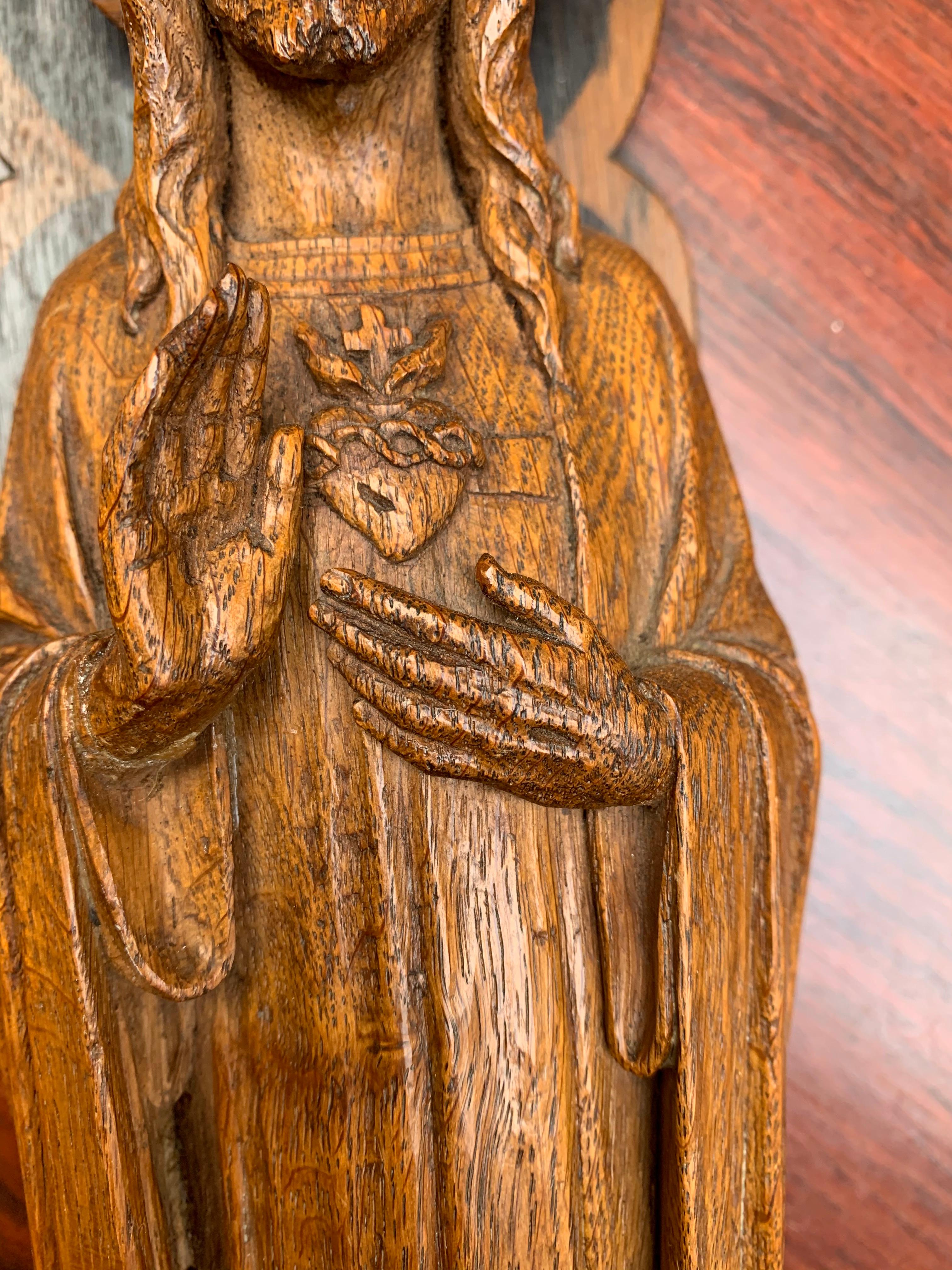 Detailed Hand Carved Oak Sacred Heart of Jesus Statue on Wall Console with Light 10