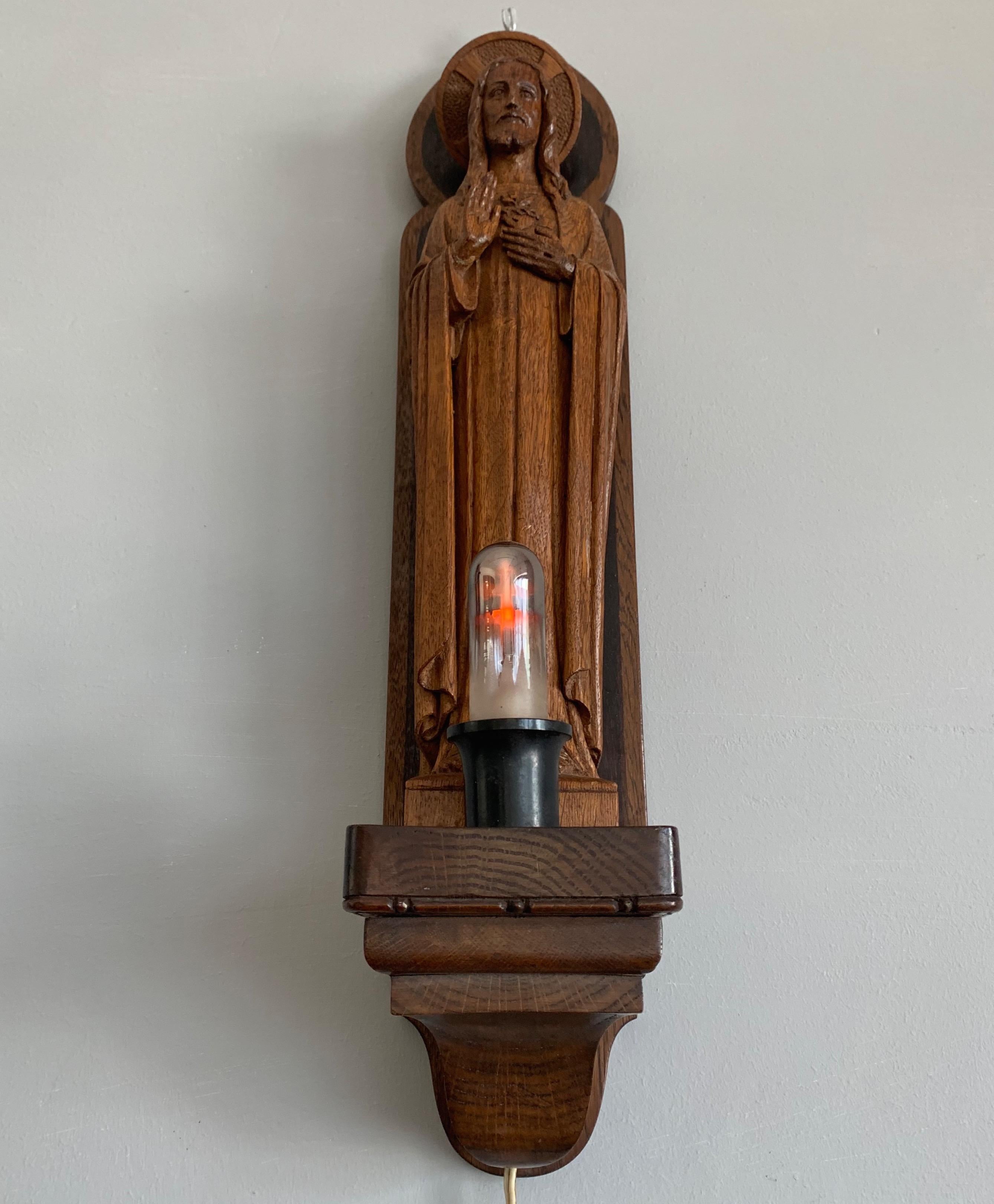 Gothic Revival Detailed Hand Carved Oak Sacred Heart of Jesus Statue on Wall Console with Light