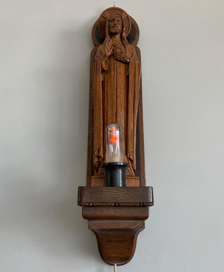 Detailed Hand Carved Oak Sacred Heart of Jesus Statue on Wall Console ...