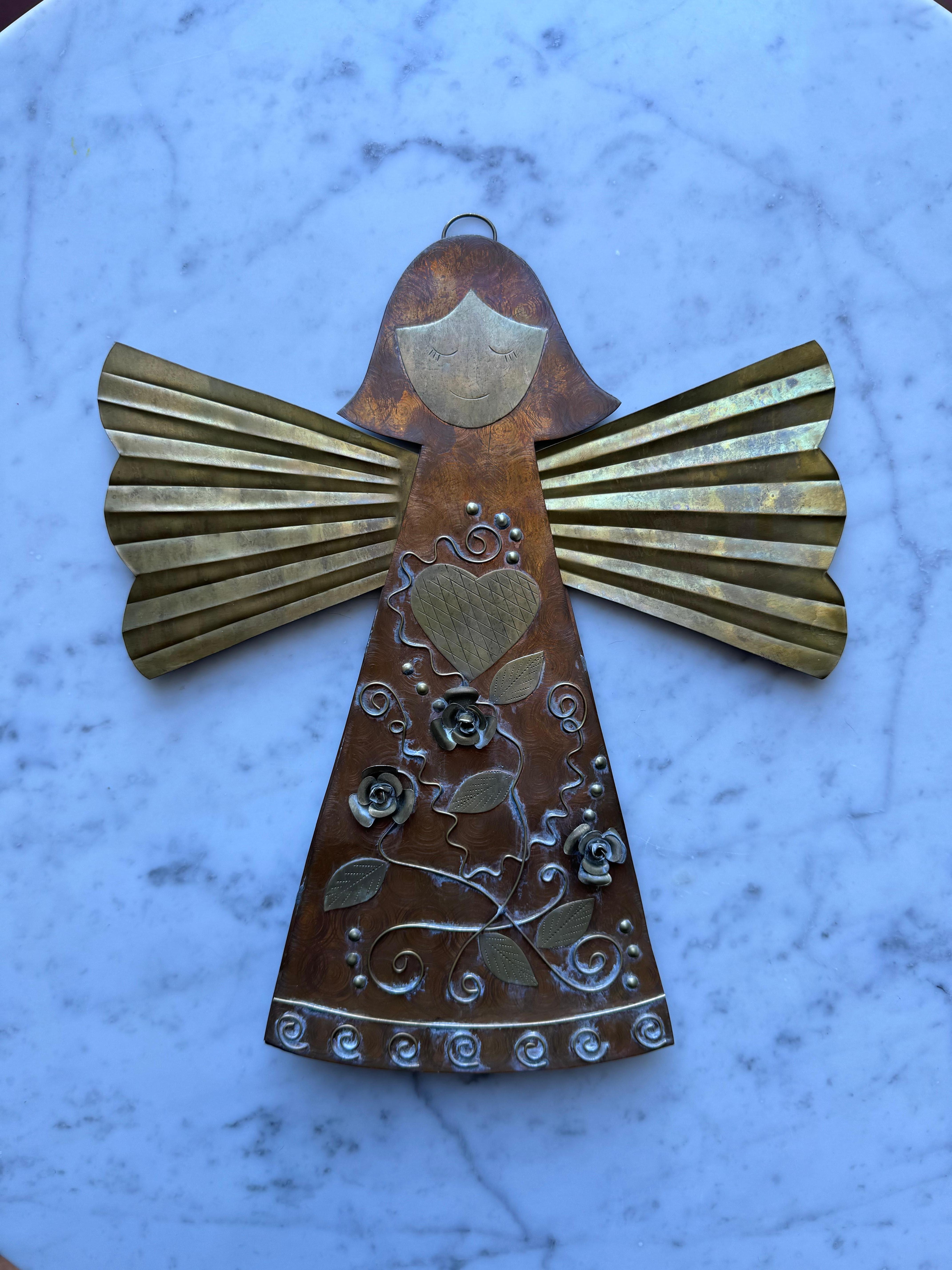 Mid-Century Modern Detailed Handmade Copper And Brass Hanging Angel Sculpture For Sale