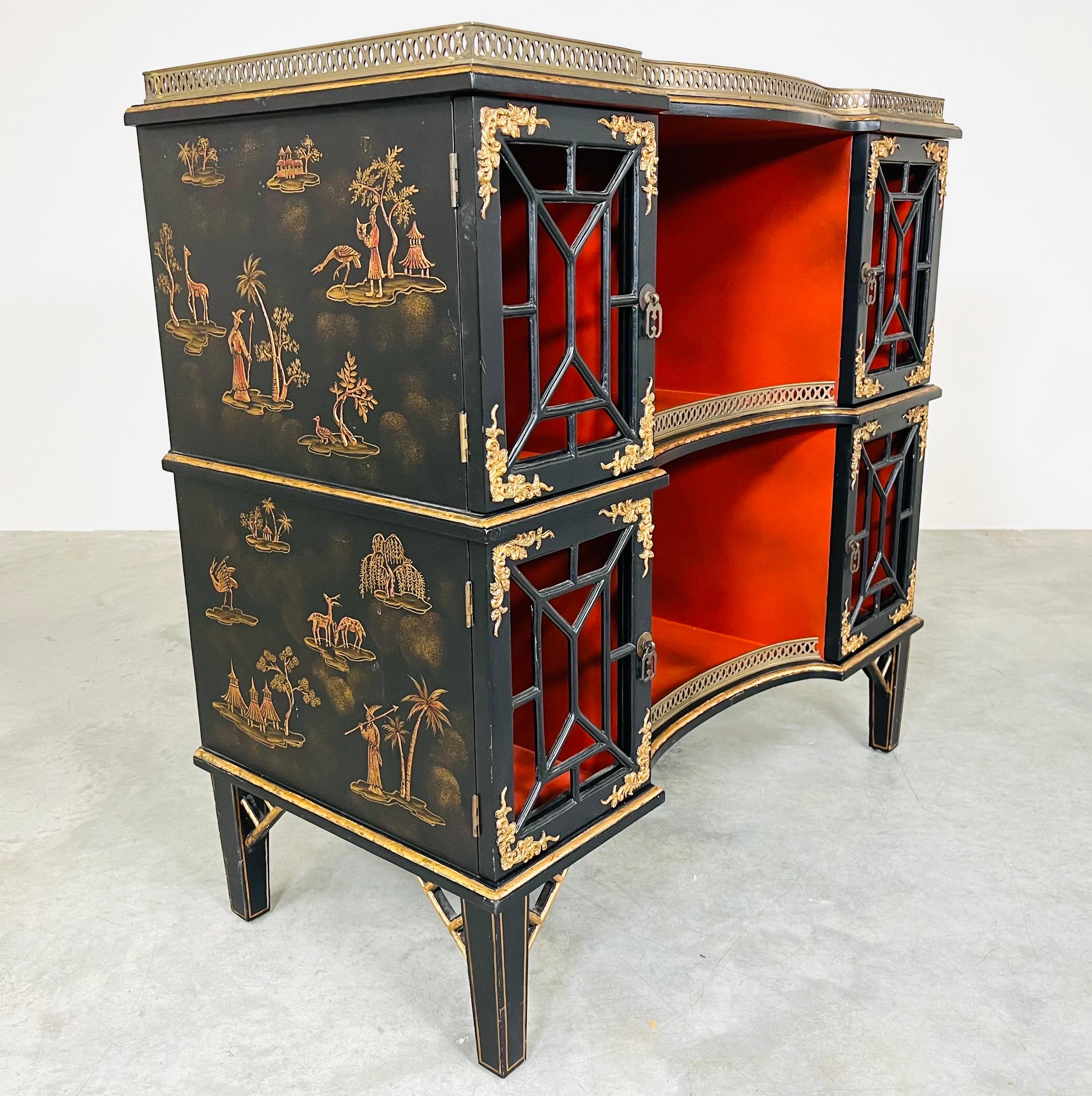 Hand-Carved L & JG Stickley Chinoiserie Etagere Bookcase Console Having Brass Gallery