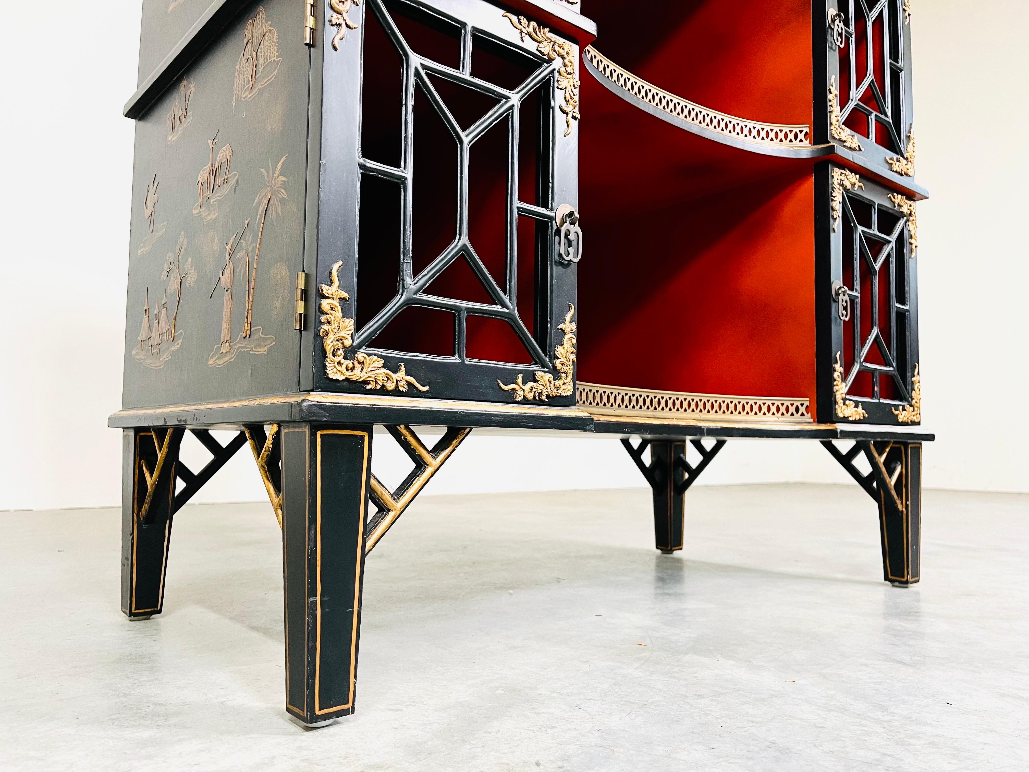 L & JG Stickley Chinoiserie Etagere Bookcase Console Having Brass Gallery In Excellent Condition In Southampton, NJ