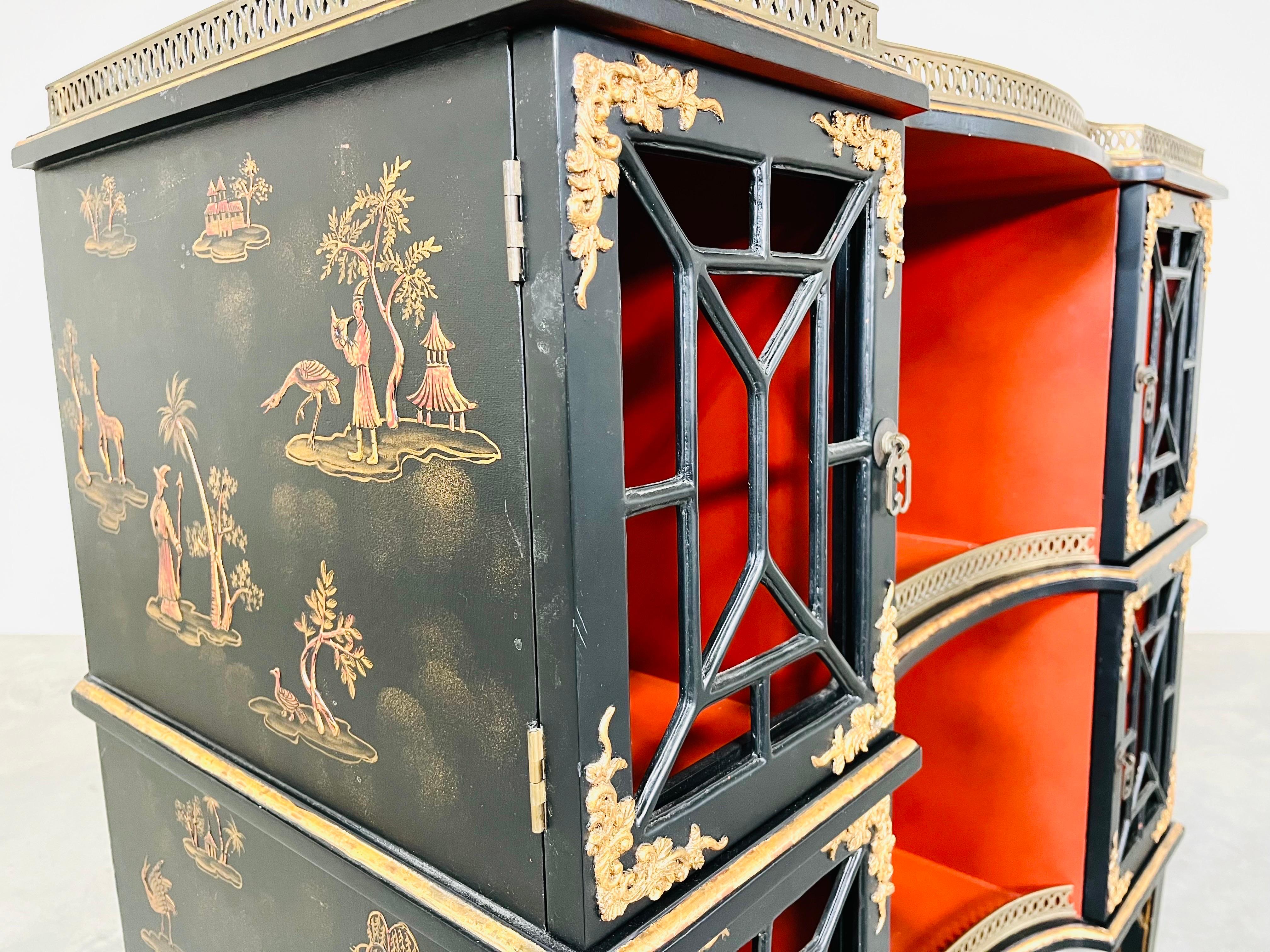 Contemporary L & JG Stickley Chinoiserie Etagere Bookcase Console Having Brass Gallery