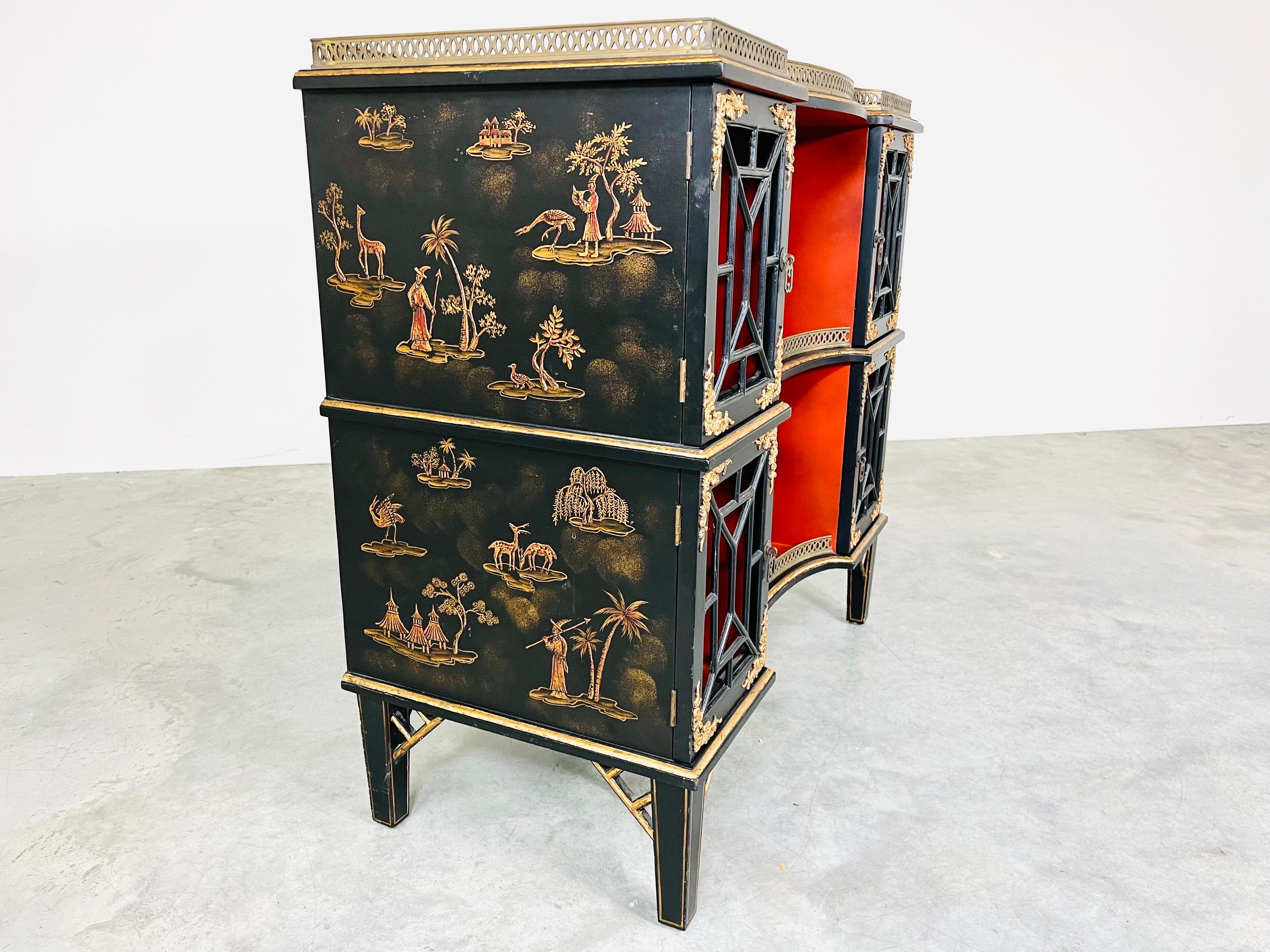 L & JG Stickley Chinoiserie Etagere Bookcase Console Having Brass Gallery 1