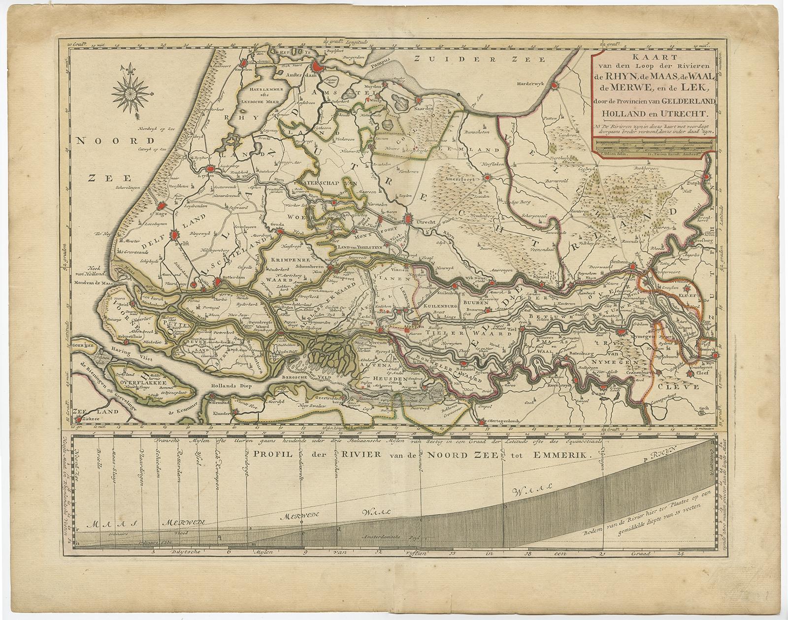 Antique map titled 'Kaart van den Loop der Rivieren de Rhyn, de Maas, de Waal, de Merwe en de Lek, door de Provincien van Gelderland, Holland en Utrecht'. 

Detailed map of the center of the Netherlands, with the Rhine, Maas, de Merwe en Lek