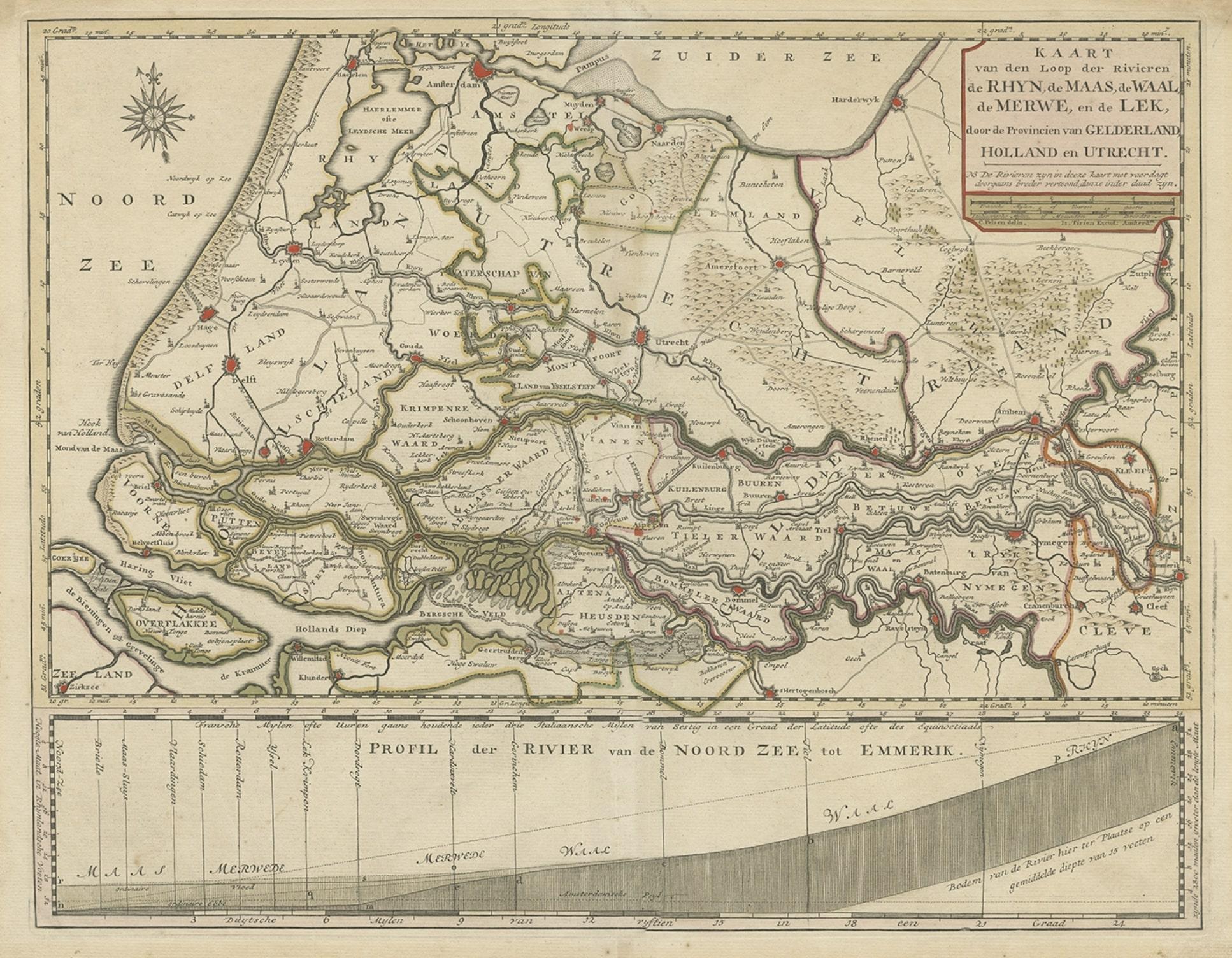 Carte détaillée des rivières néerlandaises, avec le Rhin, la Maas, de Merwe en de Lek, C.1750 Bon état - En vente à Langweer, NL