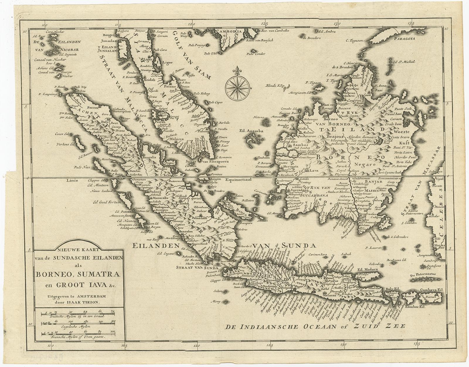 Antique map titled 'Nieuwe kaart van de Sundasche Eilanden als Borneo, Sumatra en Groot Iava & c'. 

Detailed map of Southeast Asia, extending from the tip of Cambodia to Java. This map originates from: 'Hedendaagsche Historie, of tegenwoordige