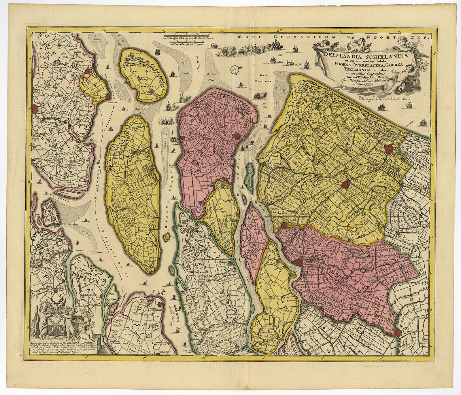 Antique map titled 'Delflandia, Schielandia et circumjacentes Insulae ut Voorna, Overflackea, Goerea, Yselmonda et aliae.' 

Detailed map of Southern Holland, which includes the cities of The Hague ('s-Gravenhage), Rotterdam, Willemstad, Gouda and