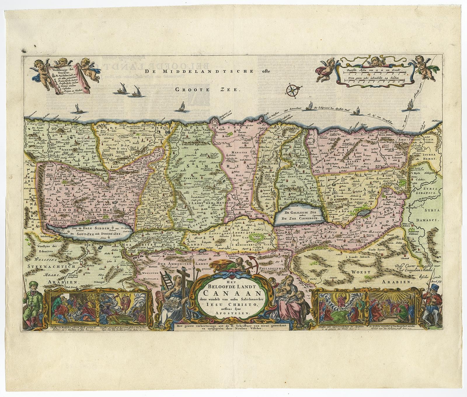 Antique map titled 'Het Beloofde Landt Canaan door wandelt van onsen Salichmaeker Jesu Christo neffens syne Apostelen.' 

Detailed map of the Holy Land, showing the travels of Christ and the Apostles, including Paul's travel's at sea and numerous