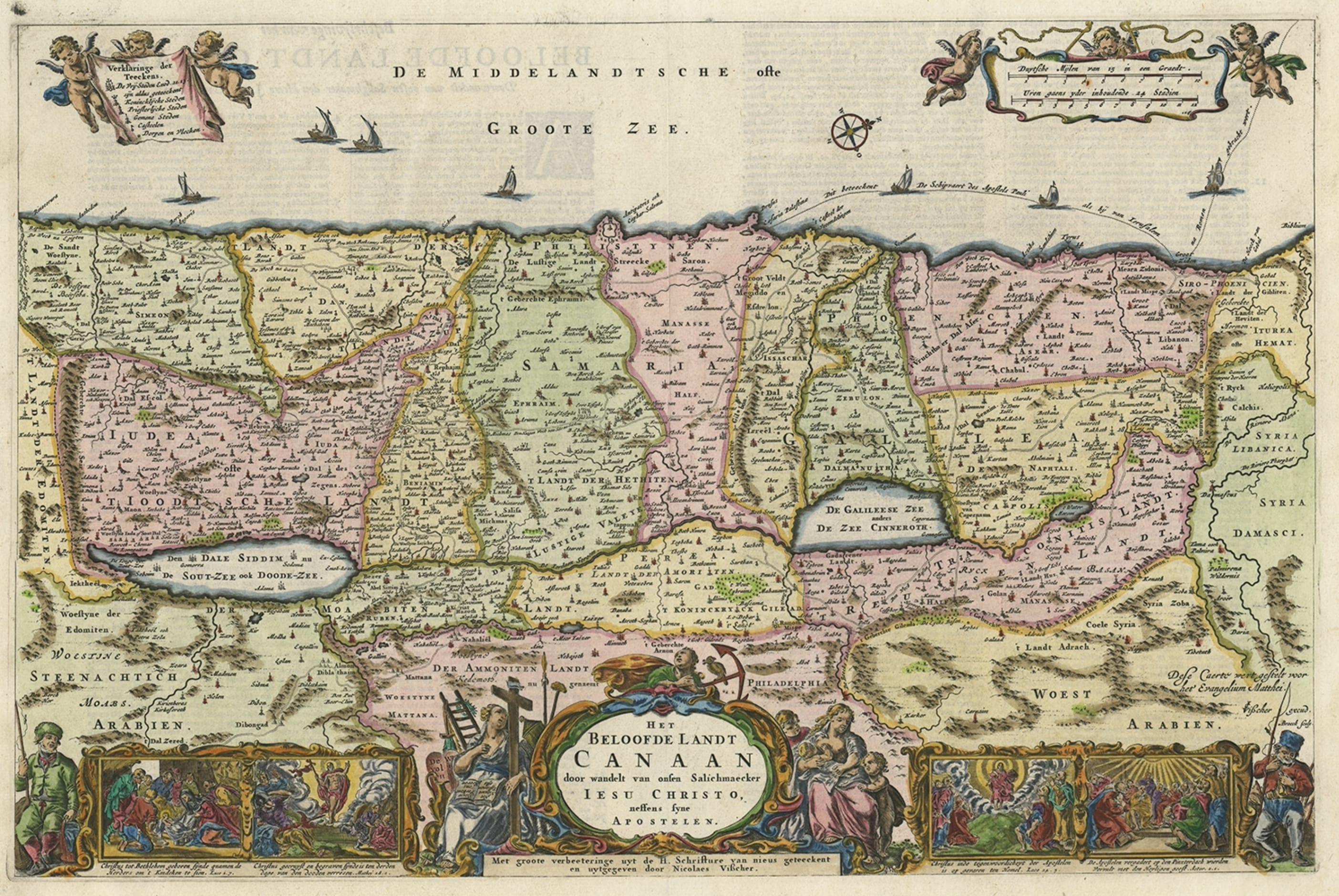 Detaillierte Karte des Heiligen Landes, die Reisen Christi und der Apostel zeigt, ca. 1650 im Zustand „Gut“ im Angebot in Langweer, NL