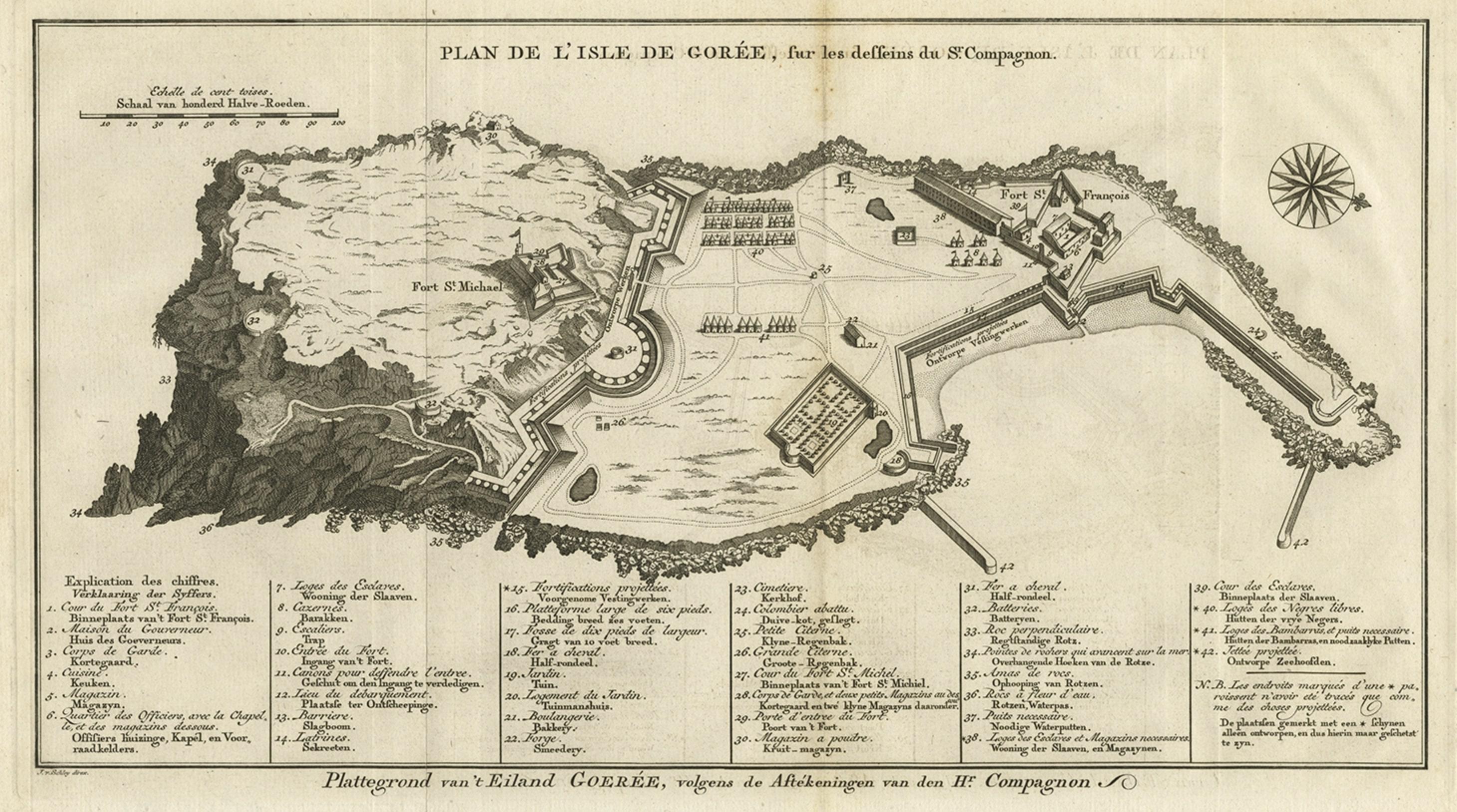 Carte détaillée de l'île du Gore au large de la côte de Dakar, Senegal, 1747 Bon état - En vente à Langweer, NL