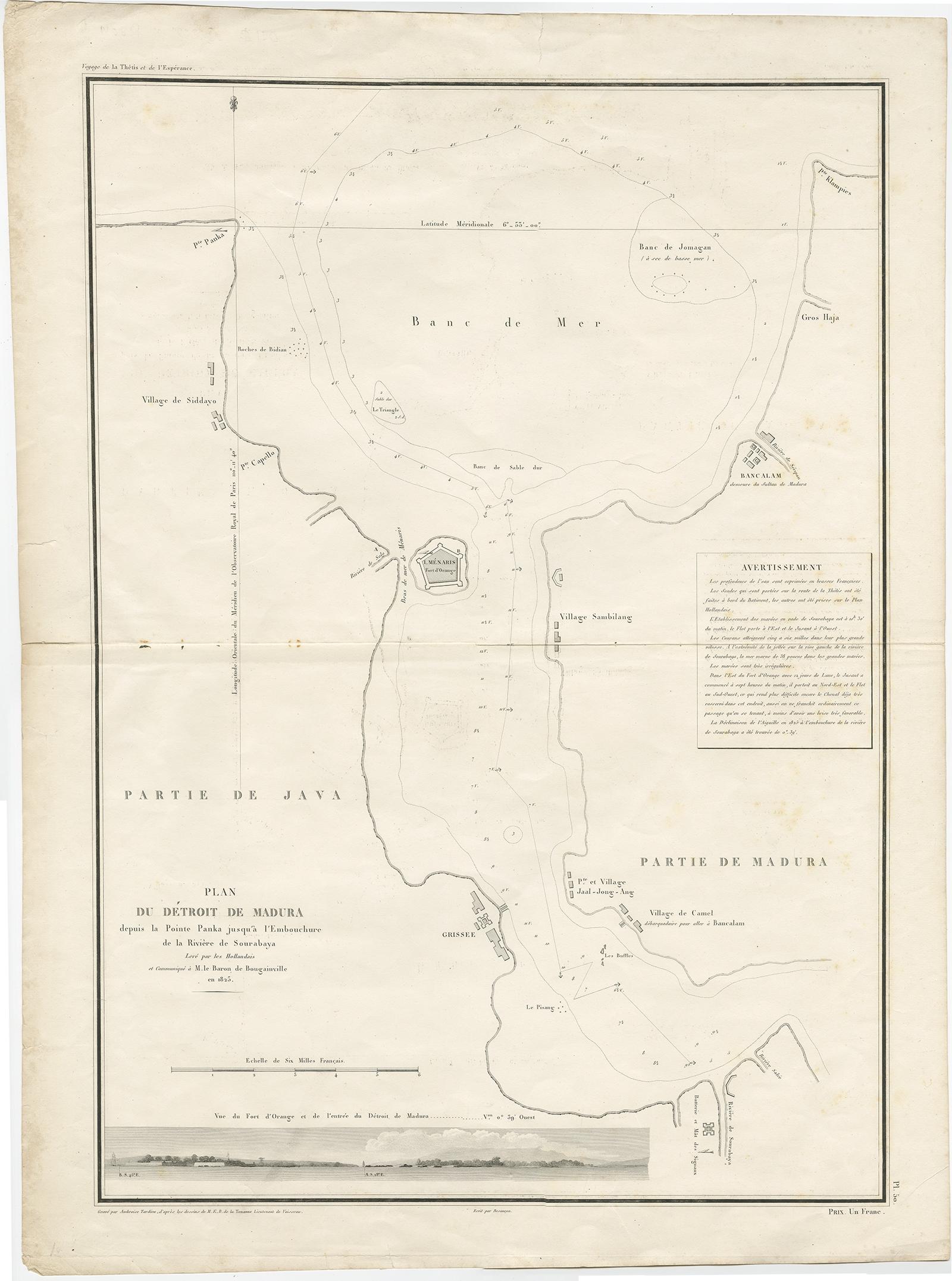 Antique map titled 'Plan du Détroit de Madura'. 

Detailed map of the Madura Strait in Indonesia. The eastern part of the island Java with the city of Gresik and the western part of Pulau Madura with the city Bangkalam. In the lower part of the