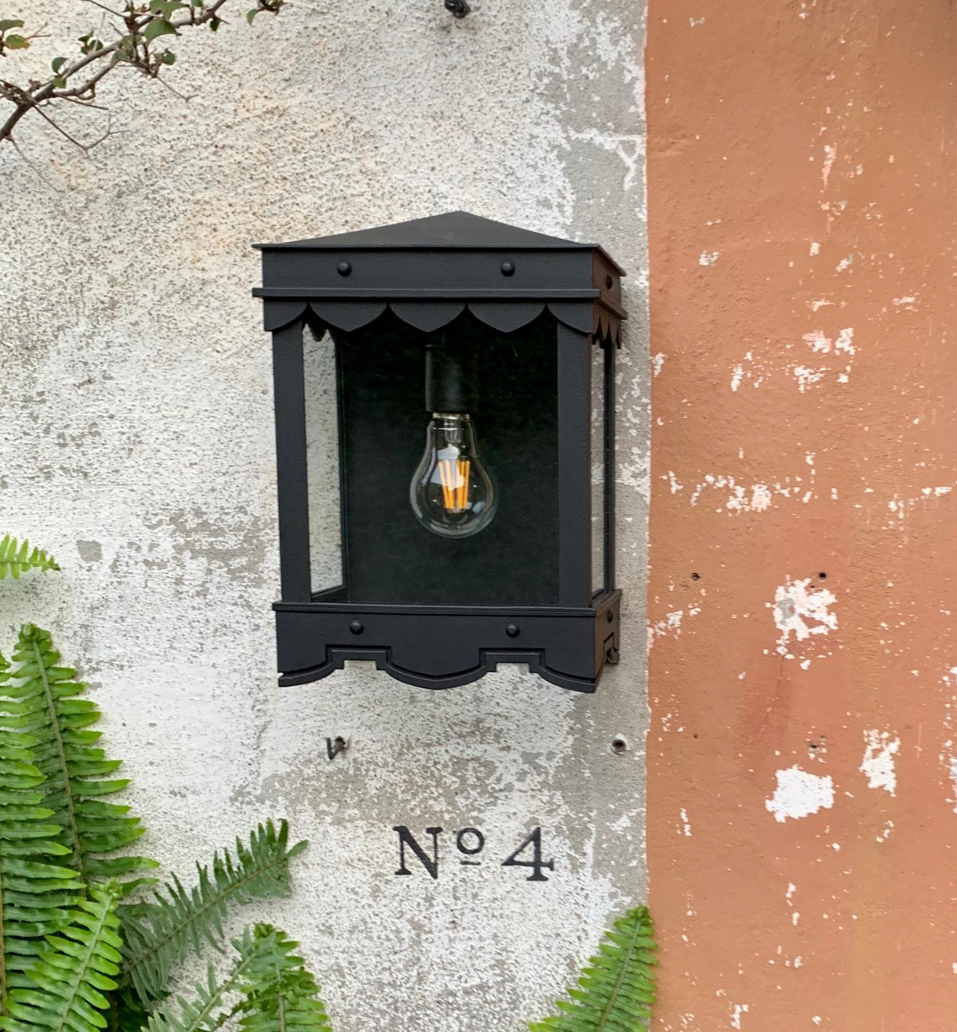 Forged Mediterranean Style with Contemporary Lines Exterior Lantern Flush Mount, Grey  For Sale