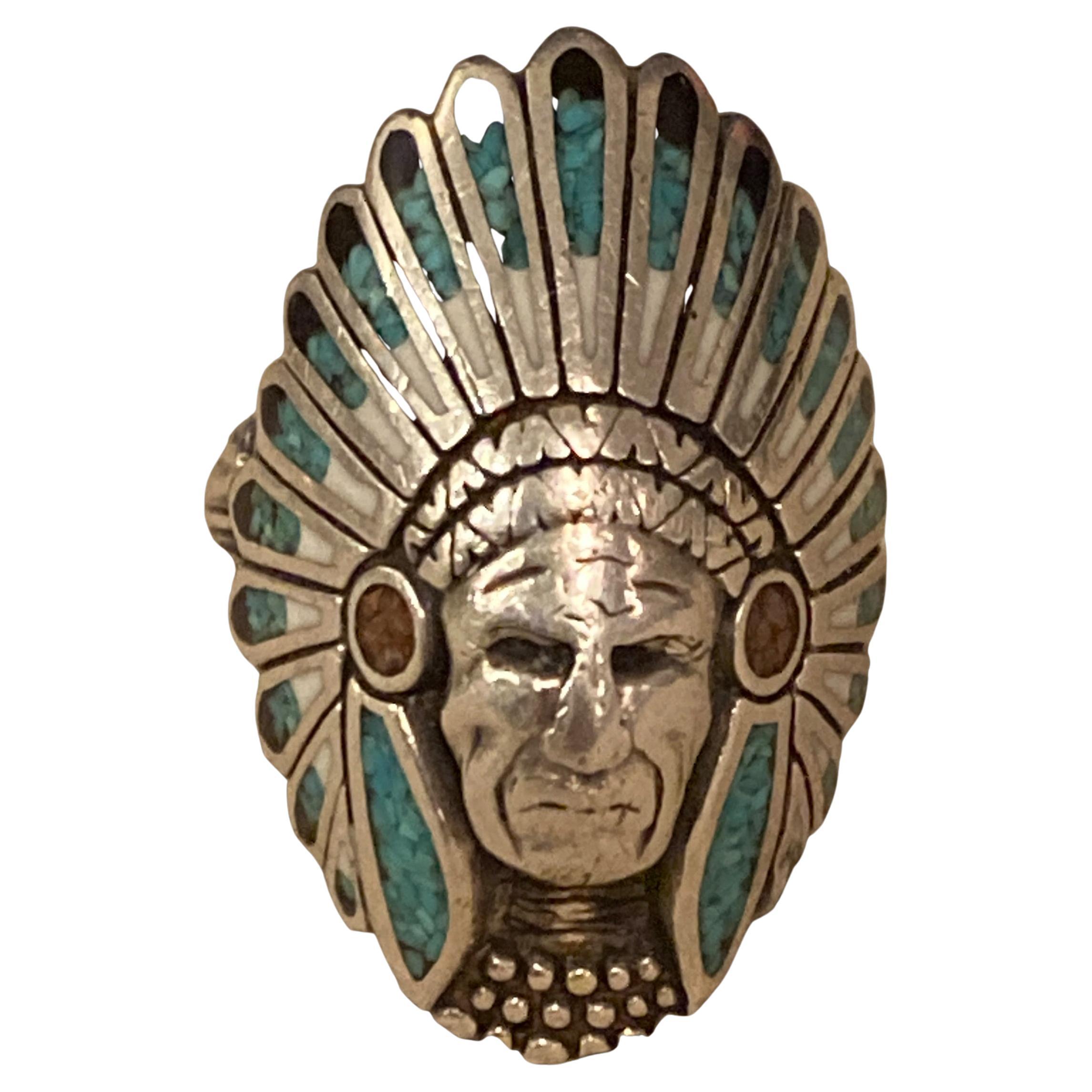 Huge Sterling Turquoise Indian Head Ring Size 7.5 Native American Chief ...