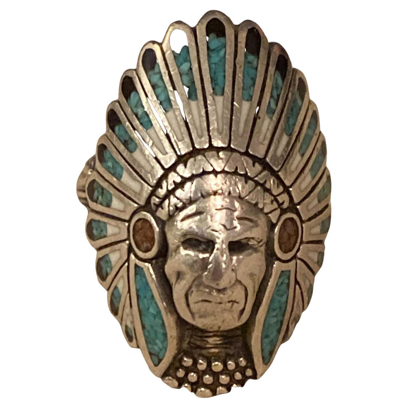 Detailed Navajo Native American Indian Chief Sterling Silver Turquoise ...