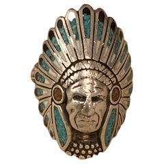 Detailed Navajo Native American Indian Chief Sterling Silver Turquoise Ring