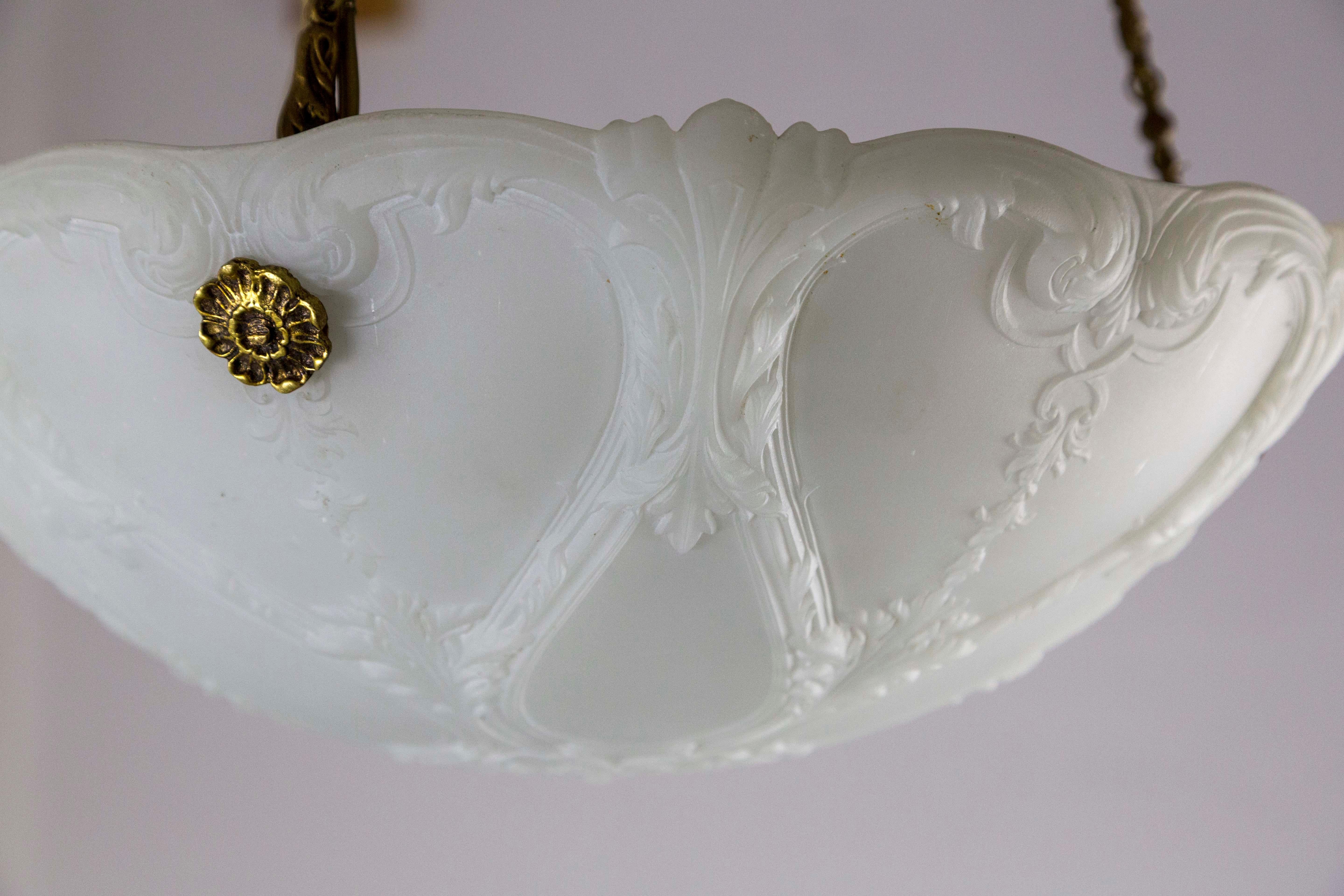 Early 1900s Neoclassical Detailed Milk Glass Bowl Pendant Light W/ Unique Chain For Sale 2