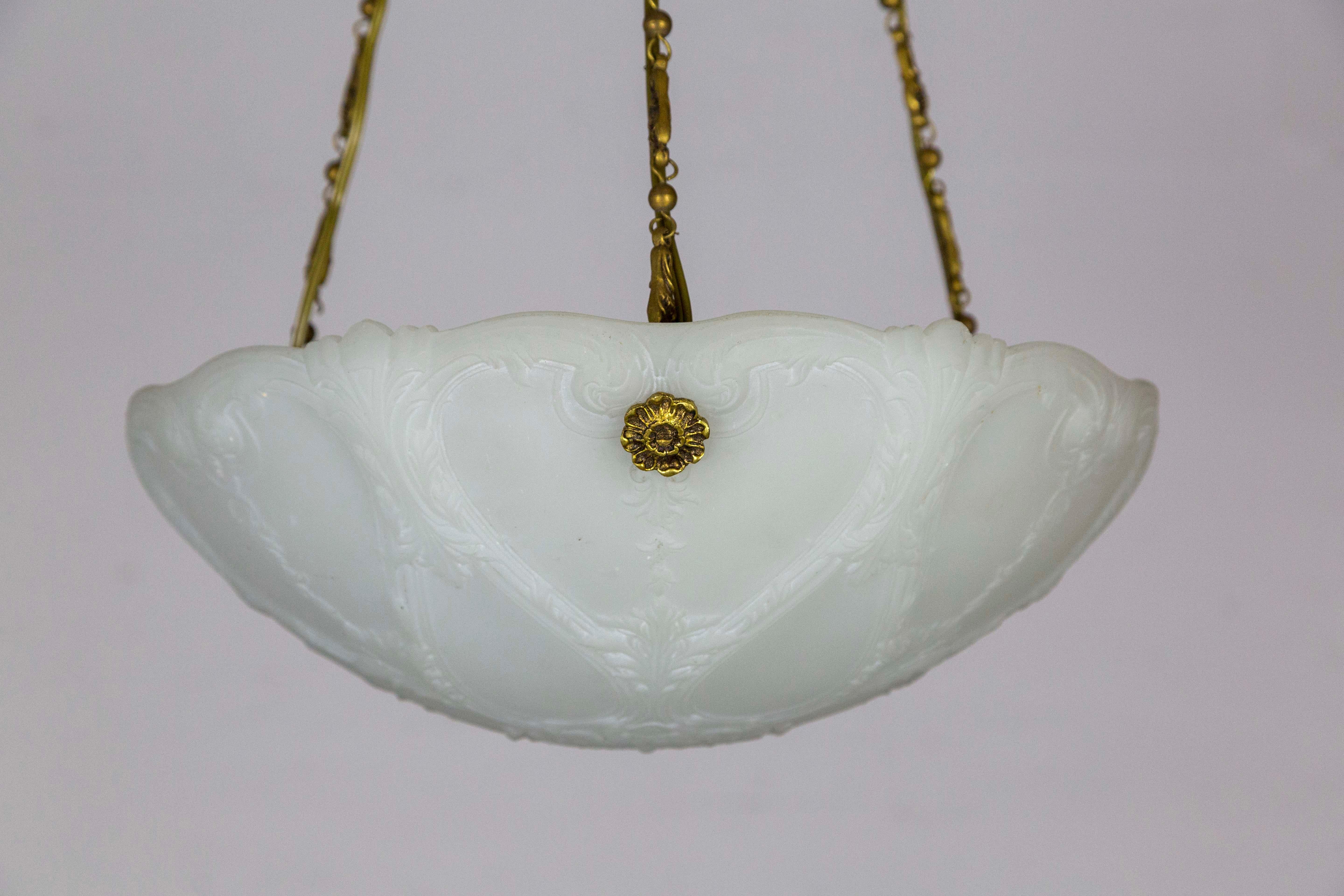 Early 1900s Neoclassical Detailed Milk Glass Bowl Pendant Light W/ Unique Chain For Sale 3