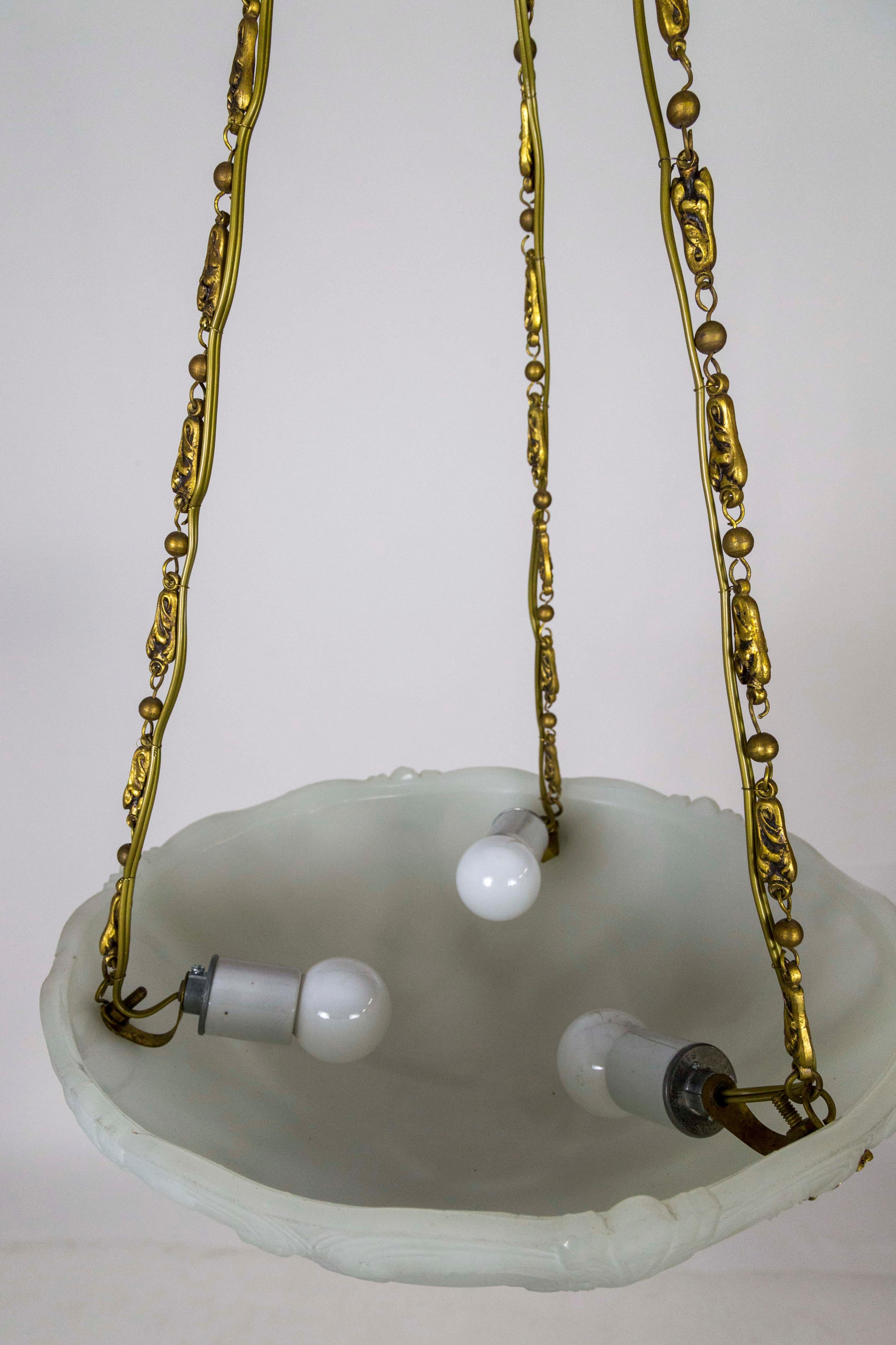 Early 1900s Neoclassical Detailed Milk Glass Bowl Pendant Light W/ Unique Chain For Sale 4