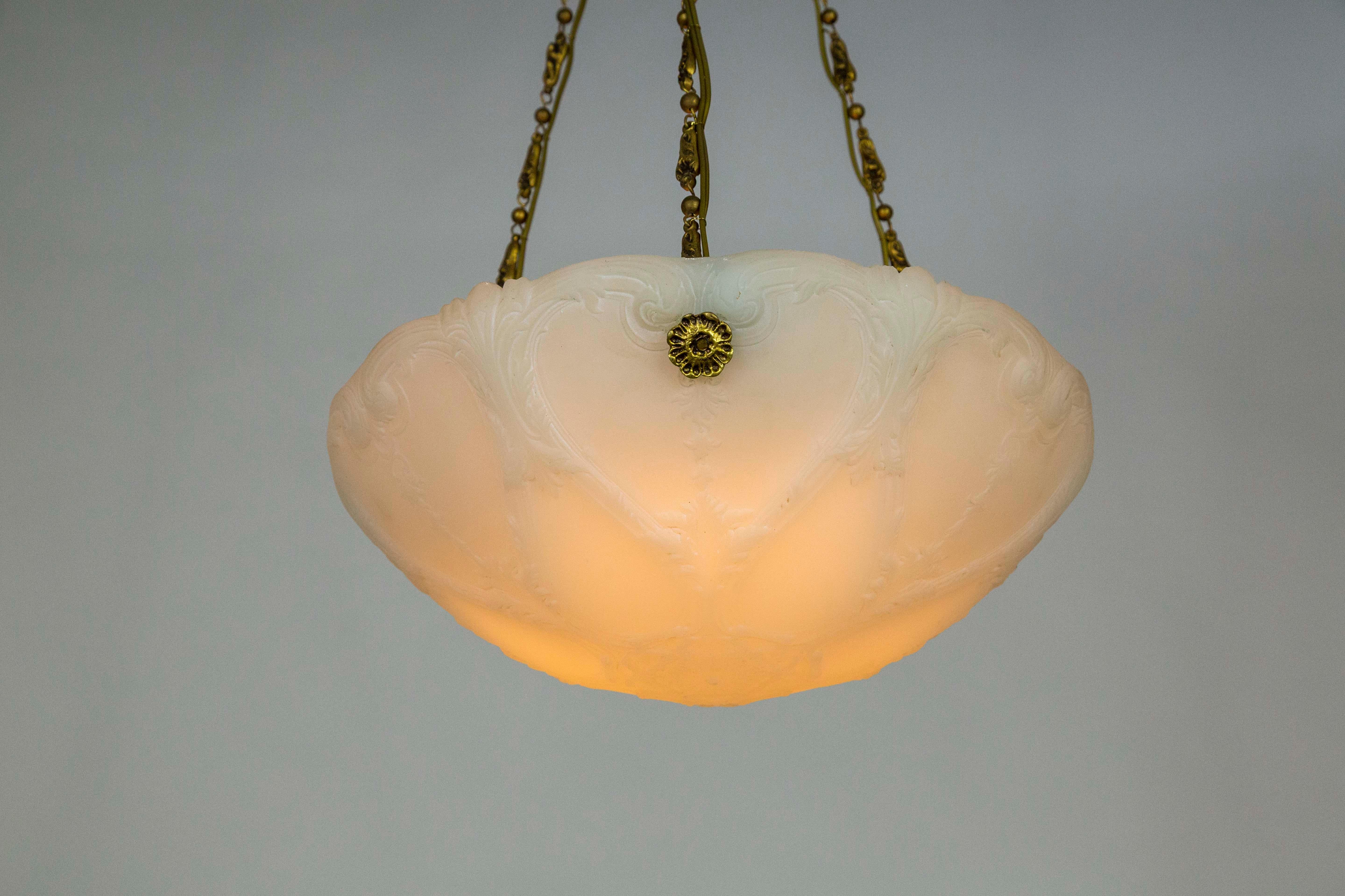 Early 1900s Neoclassical Detailed Milk Glass Bowl Pendant Light W/ Unique Chain For Sale 5