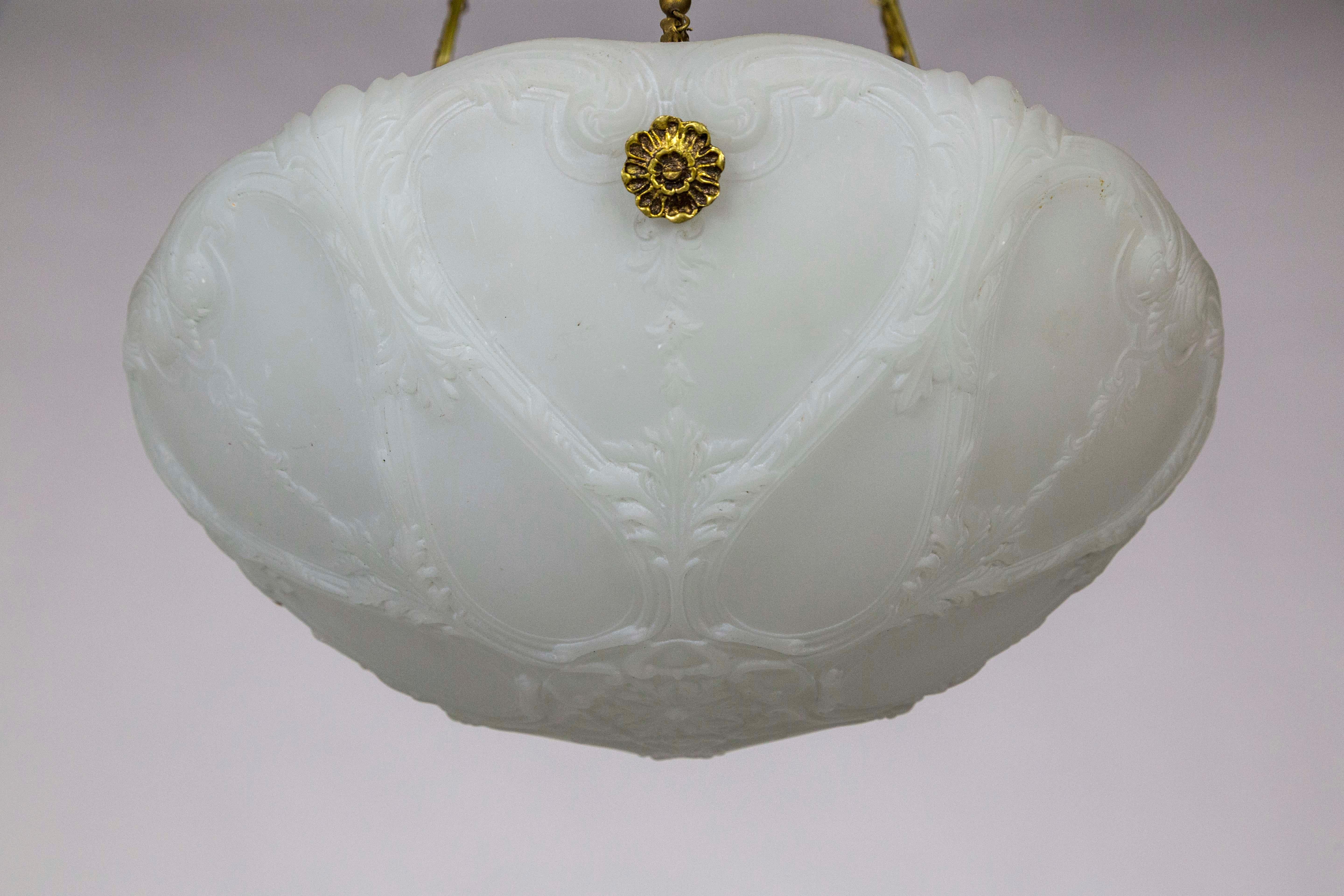 Early 1900s Neoclassical Detailed Milk Glass Bowl Pendant Light W/ Unique Chain In Good Condition For Sale In San Francisco, CA