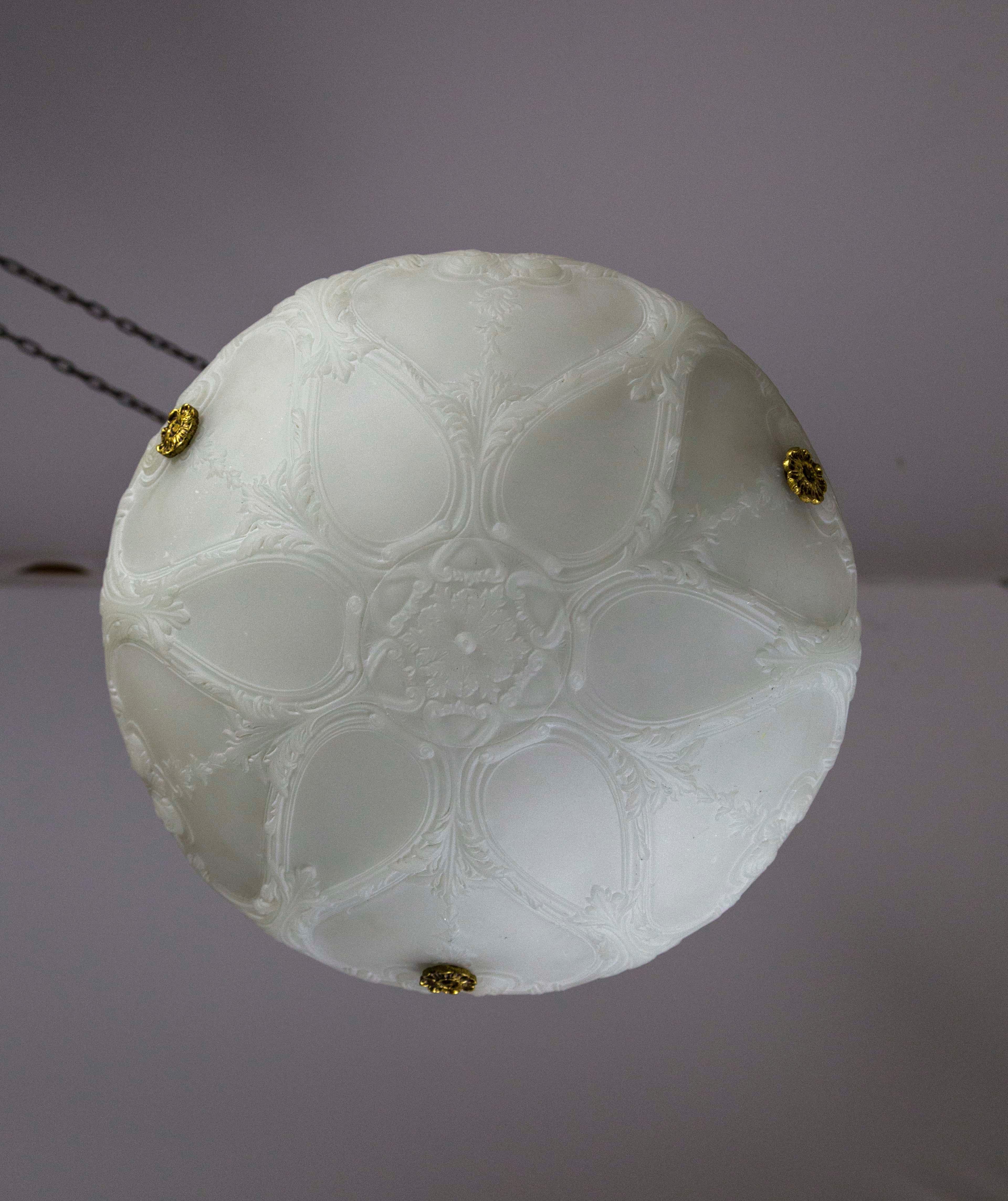 Early 20th Century Early 1900s Neoclassical Detailed Milk Glass Bowl Pendant Light W/ Unique Chain For Sale