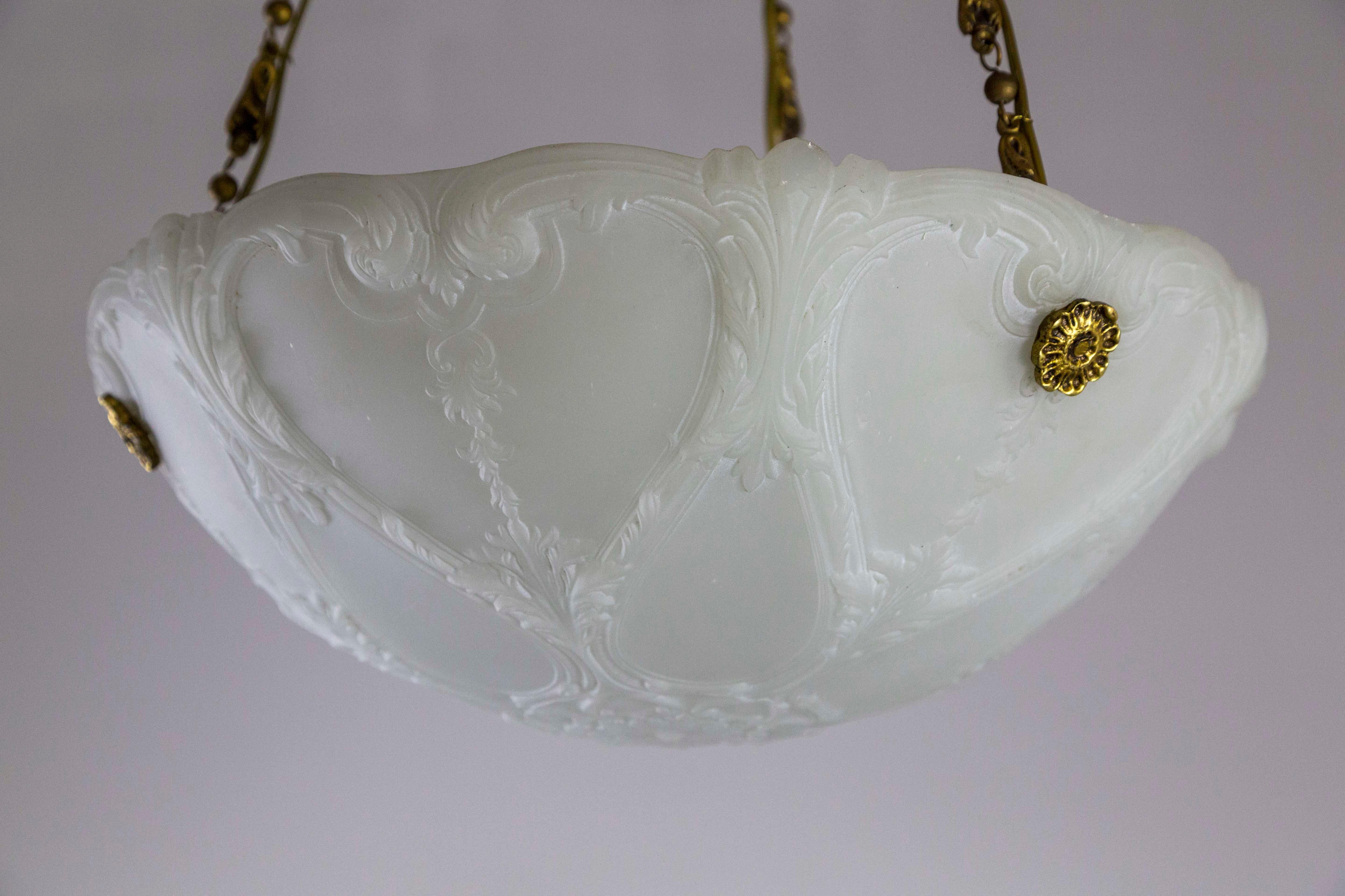 Brass Early 1900s Neoclassical Detailed Milk Glass Bowl Pendant Light W/ Unique Chain For Sale