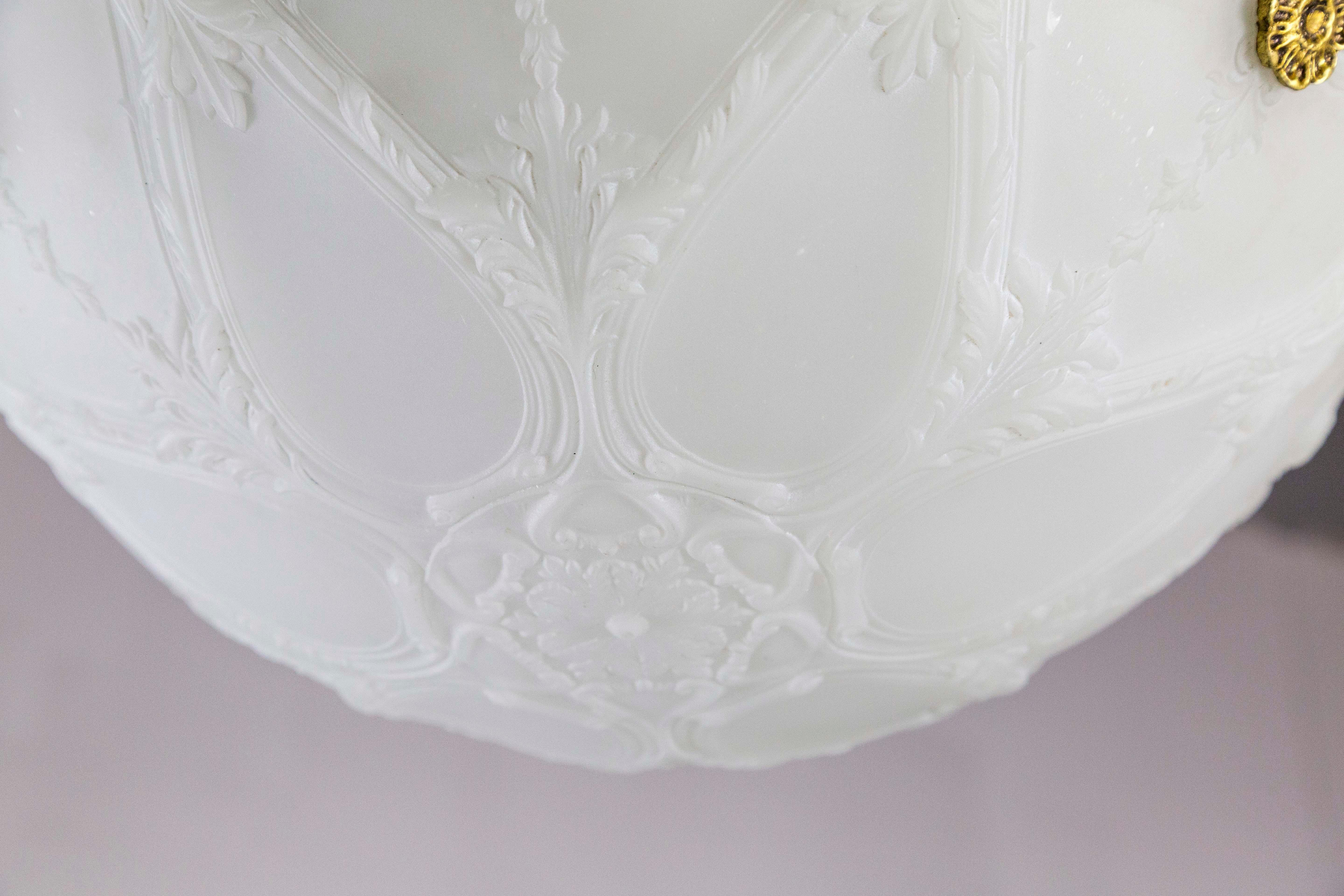 Early 1900s Neoclassical Detailed Milk Glass Bowl Pendant Light W/ Unique Chain For Sale 1
