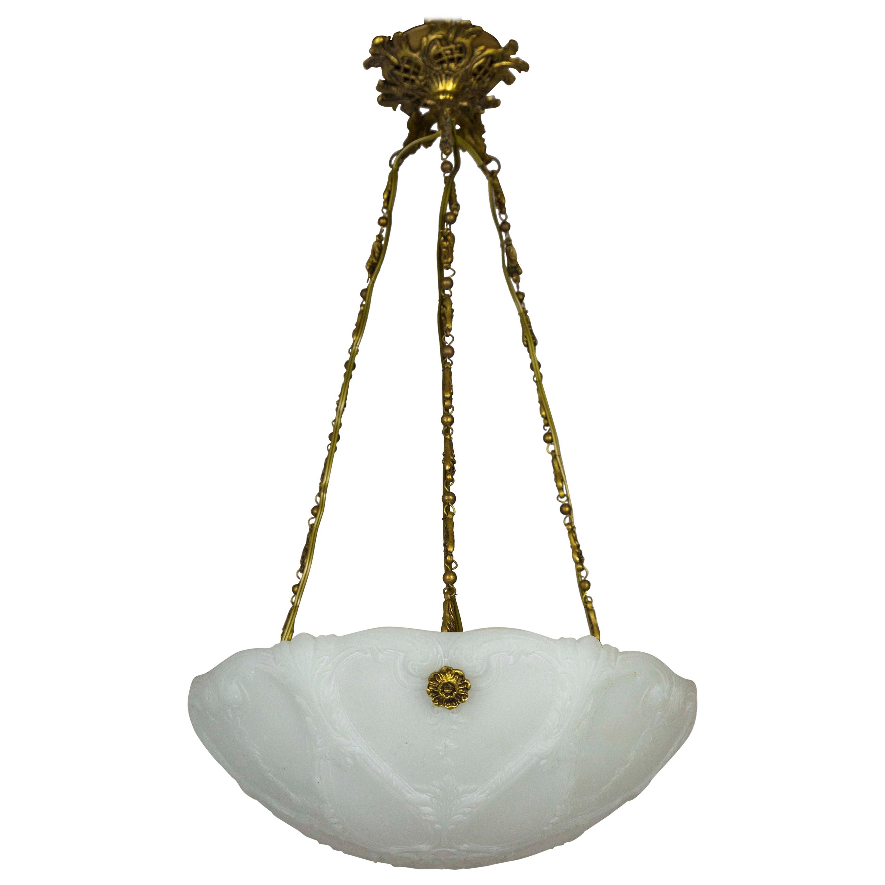 Early 1900s Neoclassical Detailed Milk Glass Bowl Pendant Light W/ Unique Chain