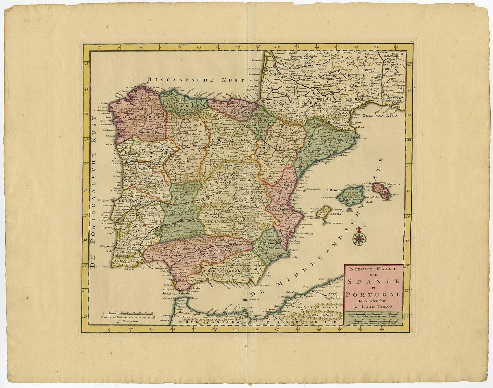 Antique map titled 'Nieuwe Kaart van Spanje en Portugal.' 

Attractive detailed map showing Spain and Portugal. Including Majorca, Minorca and Ibiza. Title in block-style cartouche with a simple compass rose. Source unknown, to be