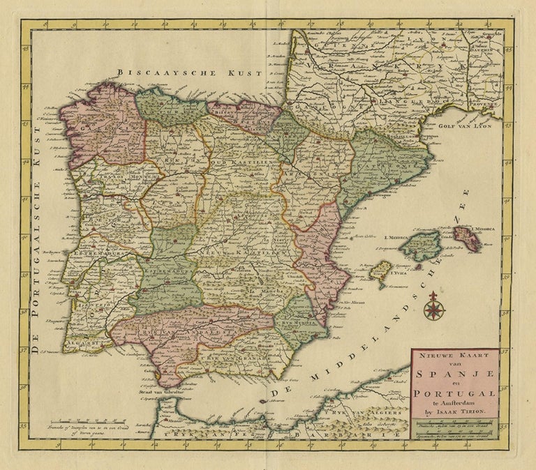 Detailed Old Map showing Spain and Portugal Incl. Majorca, Minorca & Ibiza, 1740 In Good Condition For Sale In Langweer, NL