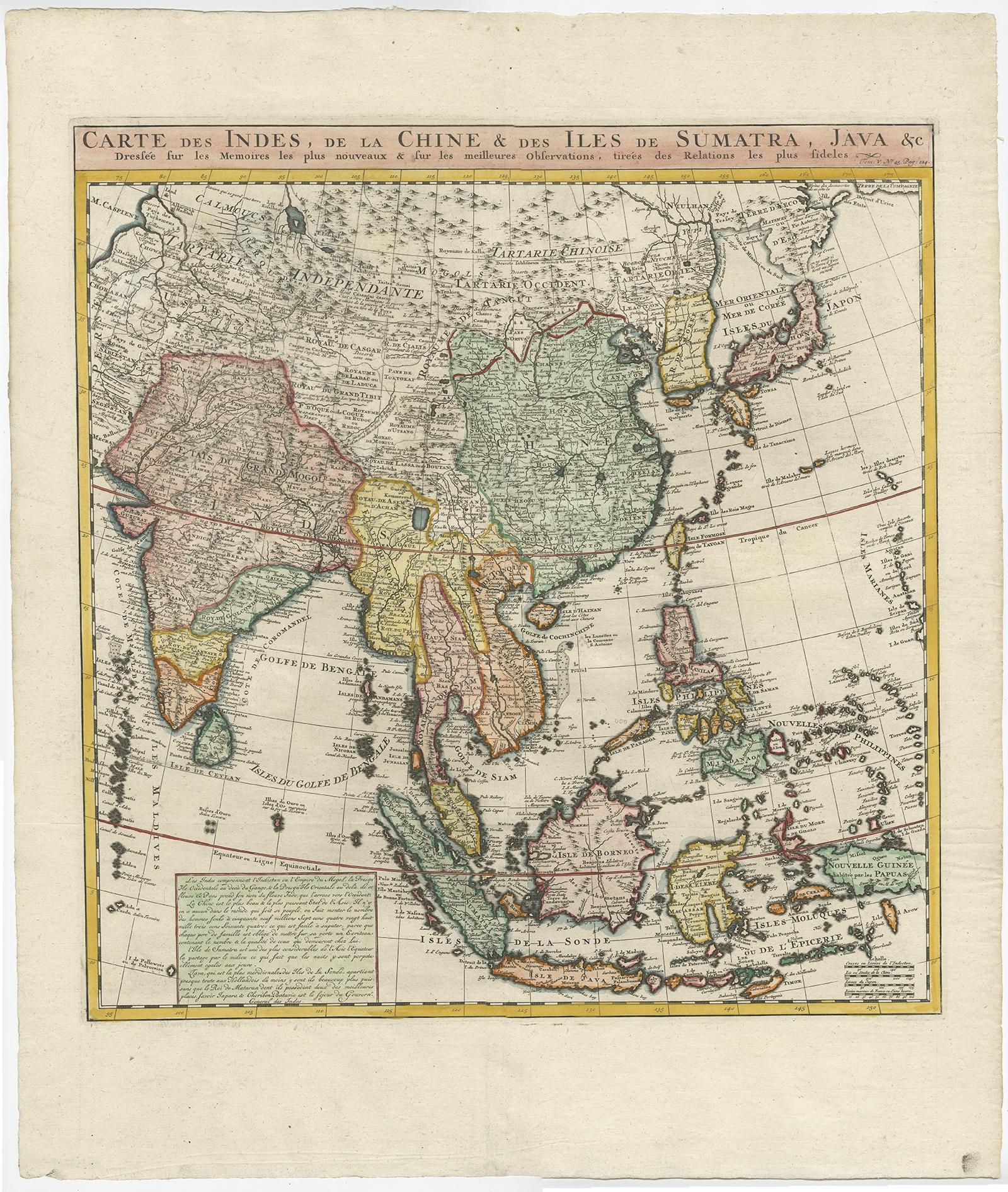 Antique map titled 'Carte des Indes, de la Chine & des Iles de Sumatra, Java & c'. 

Detailed map of India, Southeast Asia and the Far East, extending from Gujerat to the supposed 