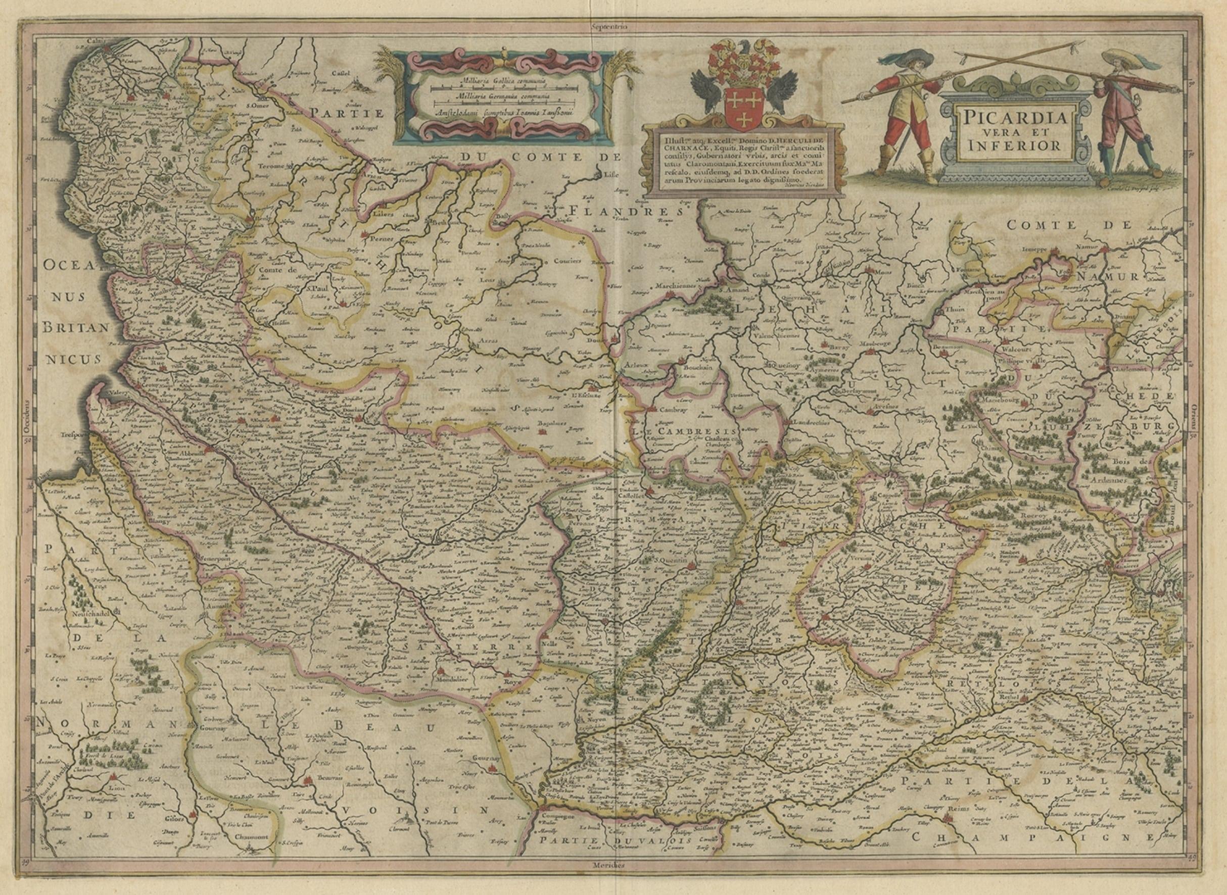 Detailed Original Antique Map of the Picardy Region of France, 1657 In Good Condition For Sale In Langweer, NL