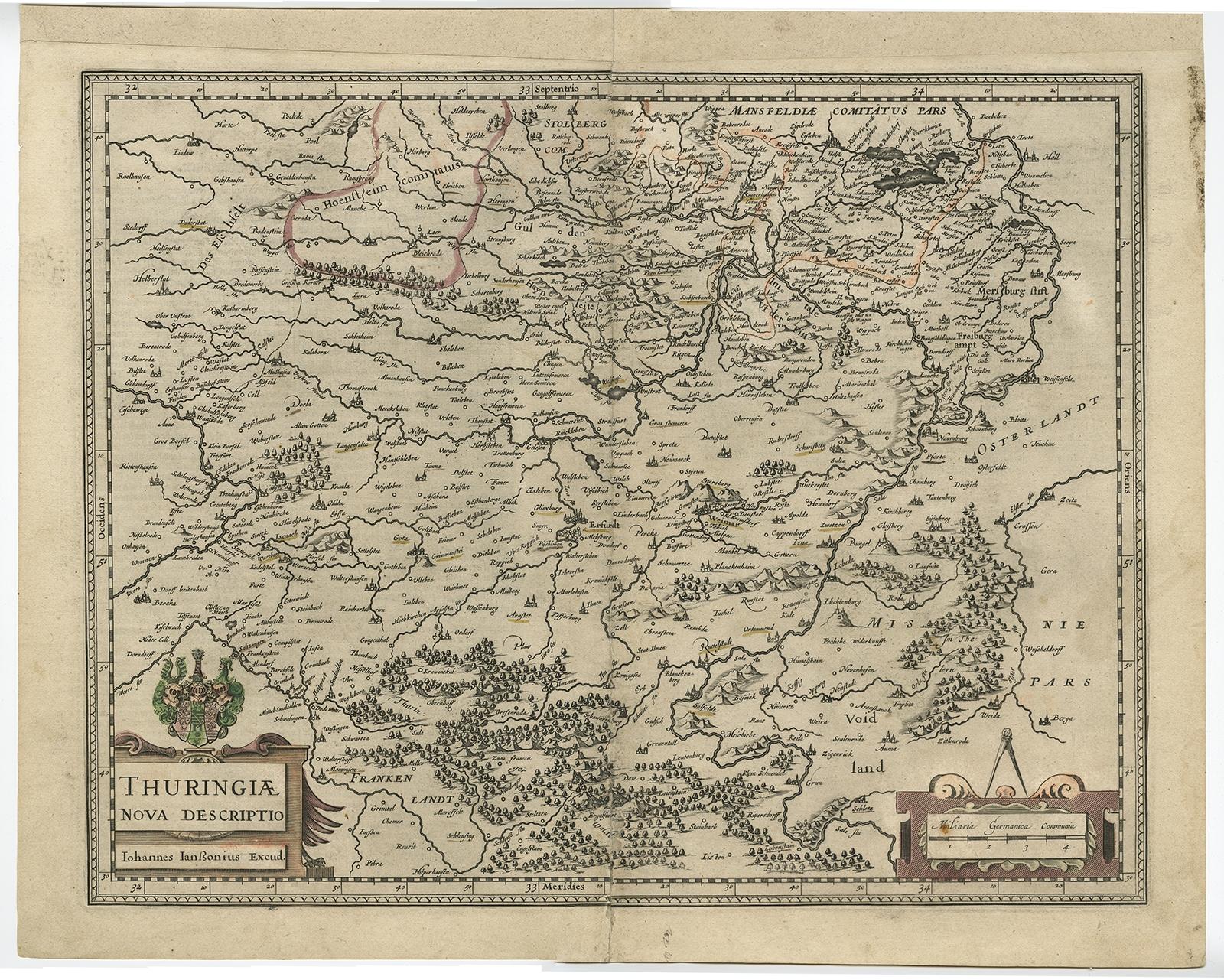 Antique map titled 'Thuringiae Nova Descriptio.' Detailed map of Thuringia, Germany by J. Janssonius. With one cartouche, coat-of-arms and a mileage scale. With Erfurt in the centre. German text on verso. Source unknown, to be determined.

Artists