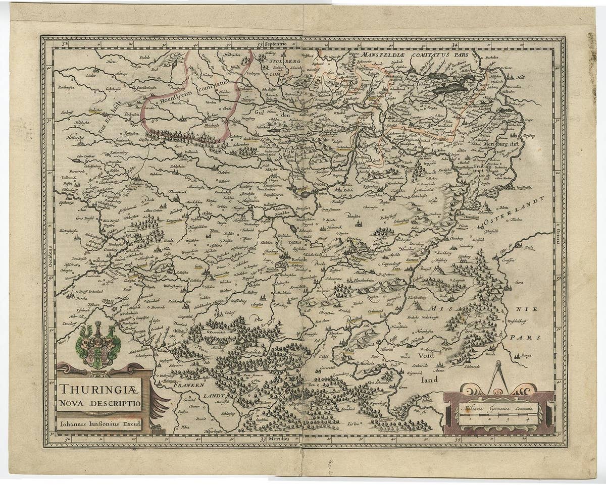 Detailed Original Antique Map of Thuringia, Germany by J. Janssonius, ca.1650