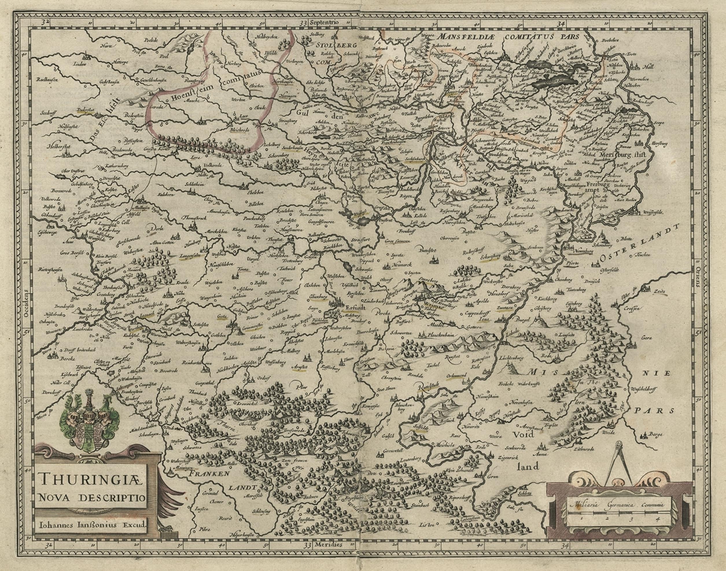 Detailed Original Antique Map of Thuringia, Germany by J. Janssonius, ca.1650 In Fair Condition For Sale In Langweer, NL