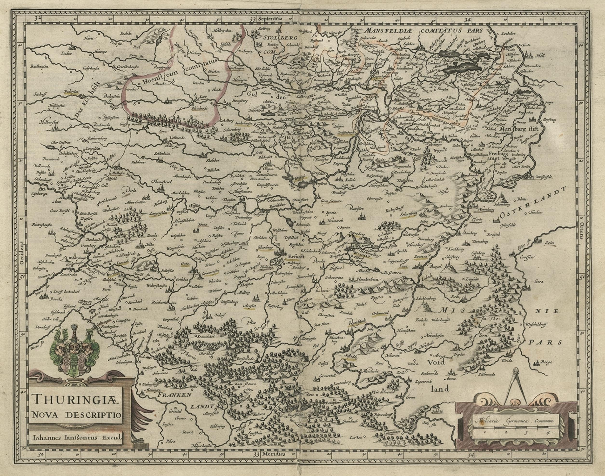 Mapa antiguo original detallado de Turingia, Alemania, por J. Janssonius, ca.1650 en Bastante bueno estado para la venta en Langweer, NL