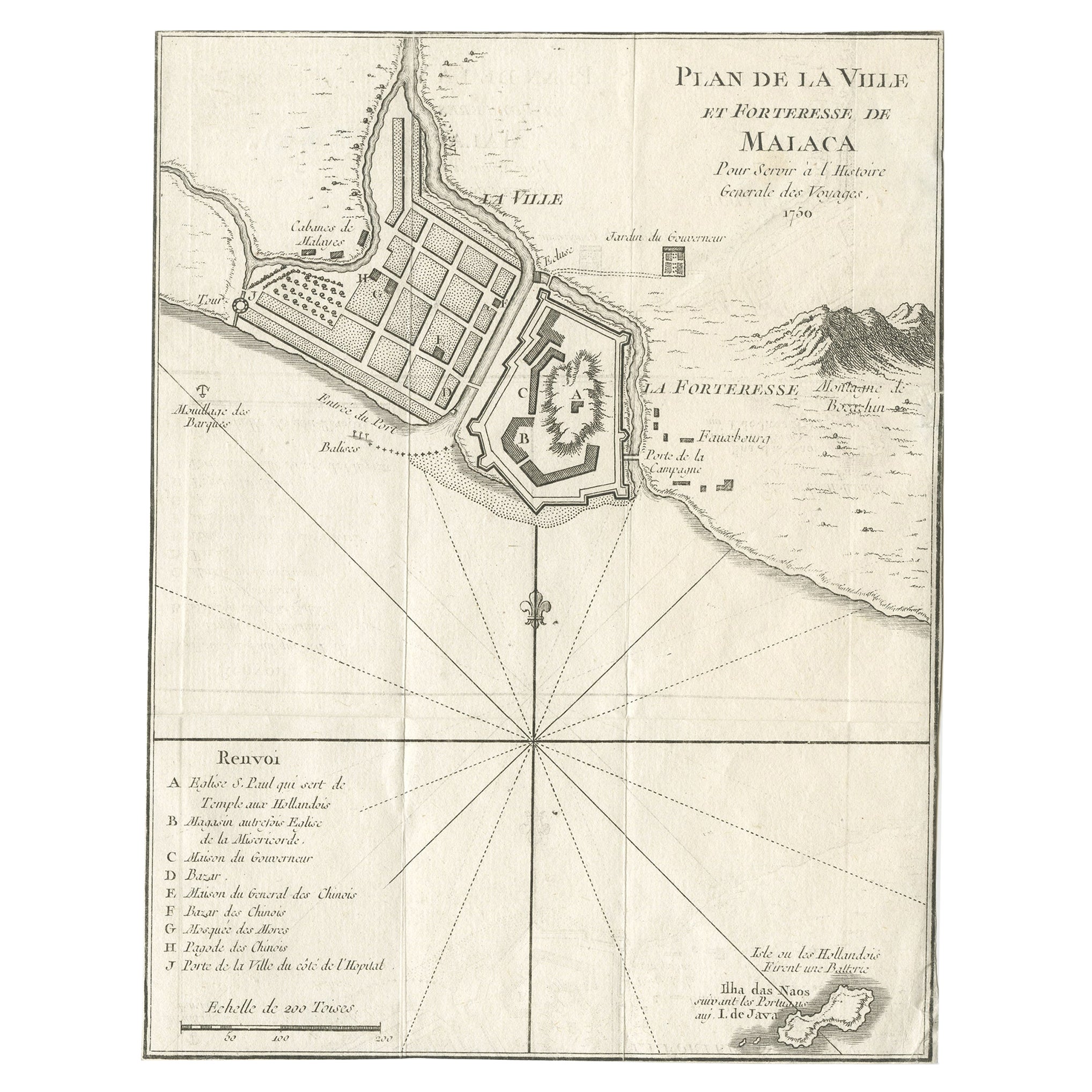 Detailed Original Antique Plan of the City and Fort of Malacca, Malaysia, 1764