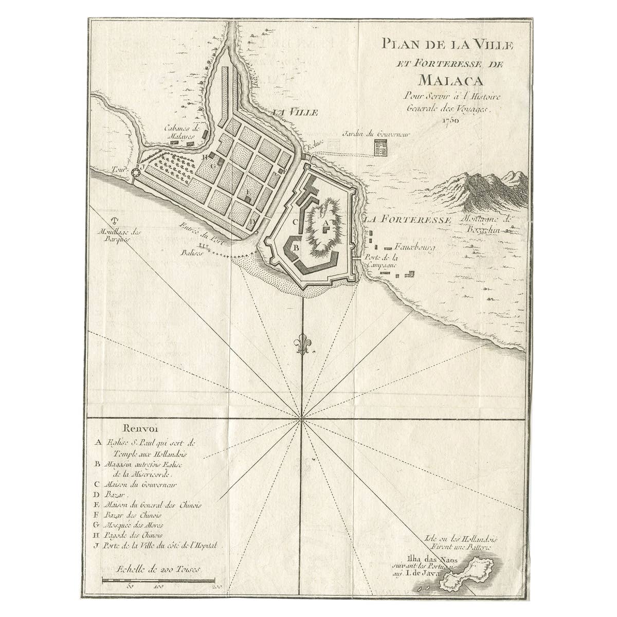 Detailed Original Antique Plan of the City and Fort of Malacca, Malaysia, 1764