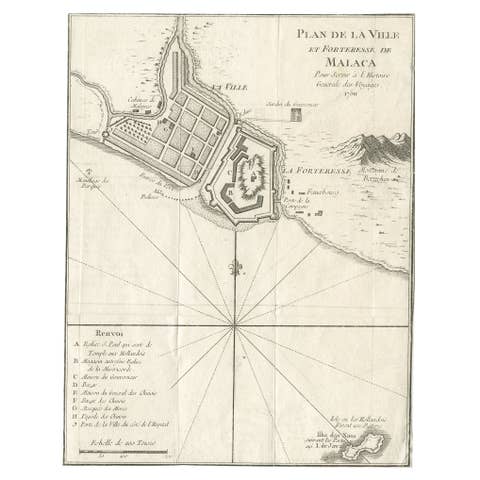 Detailed Original Antique Plan of the City and Fort of Malacca, Malaysia, 1764