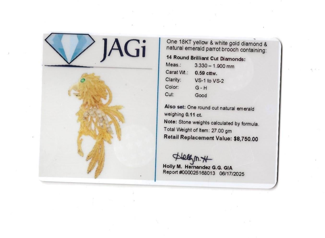 Broche perroquet détaillée avec œil d'émeraude et diamants en or bicolore 18 carats en vente 3