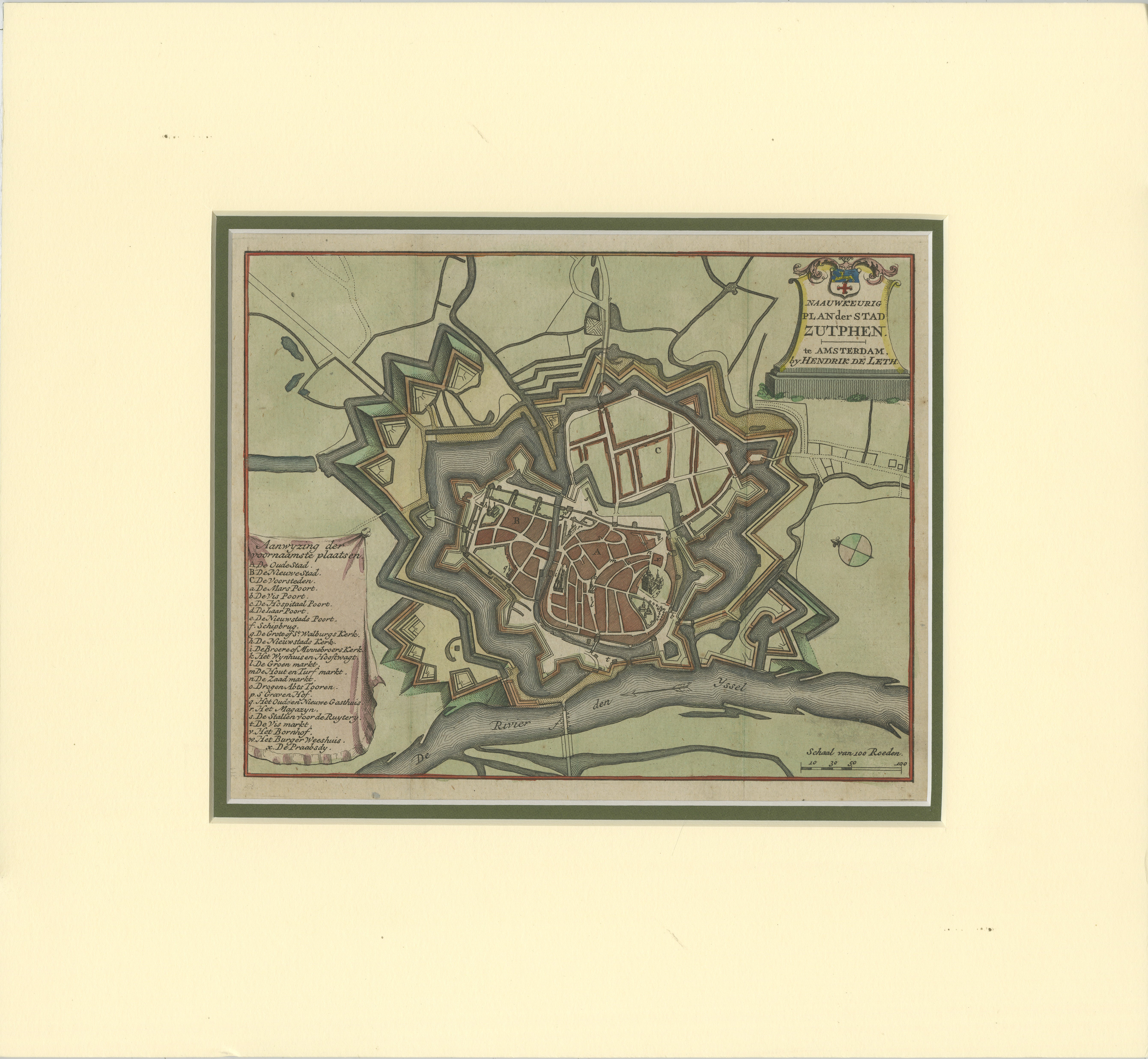 Titel: Detailplan der Stadt Zutphen - Hendrik de Leth, ca. 1740  

Dieser handkolorierte Stich, der von Hendrik de Leth geschaffen und um 1740 veröffentlicht wurde, zeigt einen detaillierten und präzisen Plan der befestigten Stadt Zutphen in den