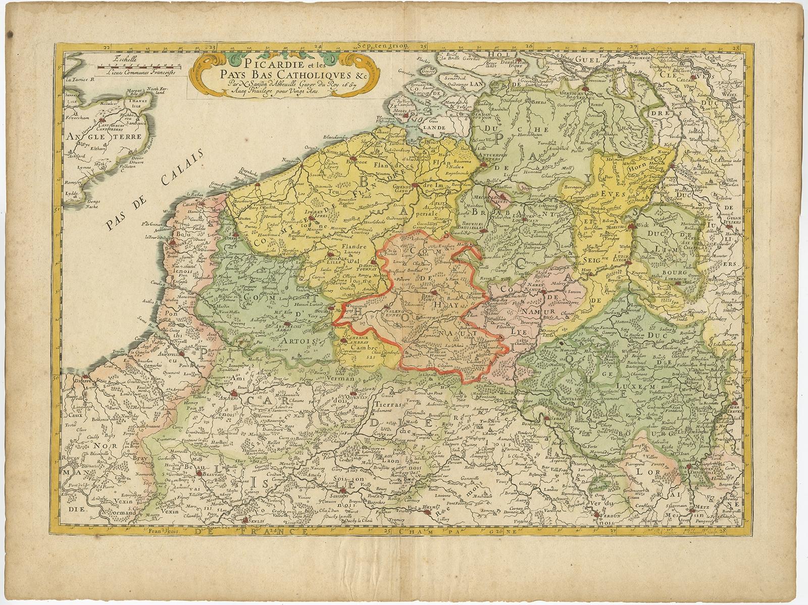 Antique map titled 'Picardie et les Pays Bas Catholiques (..)'. 

Detailed regional map of Northwestern France and Catholic Belgium, from an early edition of Sanson's Atlas.

Artists and Engravers: Nicholas Sanson (1600-1667) is considered the