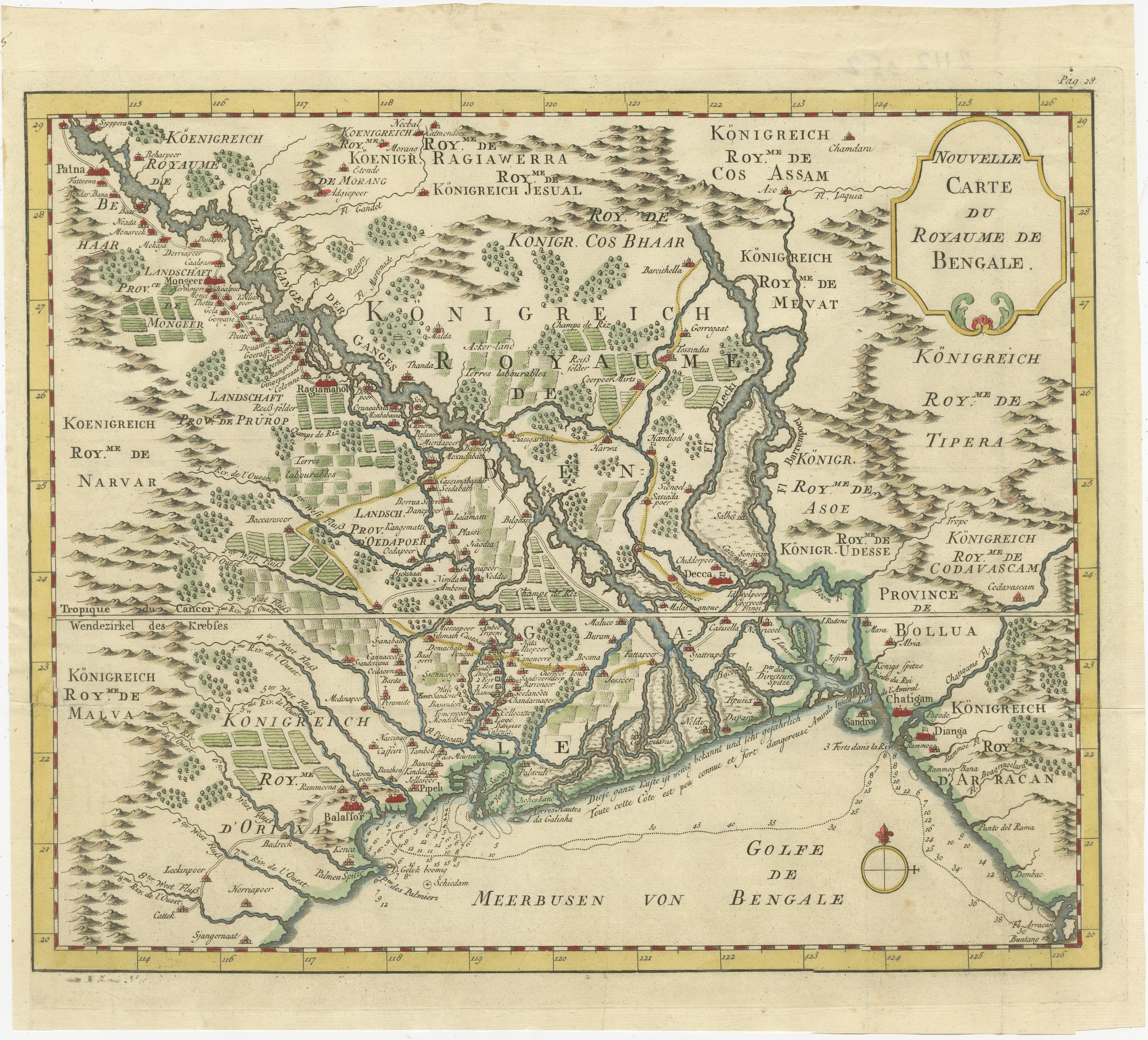 Milieu du XVIIIe siècle Carte régionale détaillée du golfe du Bengale et du fleuve Ganges inférieure, vers 1750 en vente