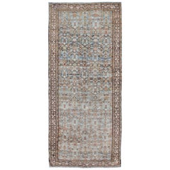 Detailed Small-Scale Blossom Design Antique Persian Malayer Gallery Rug in Blue Detailed Small-Scale Blossom Design Antique Persian Malayer Gallery Rug in Blue