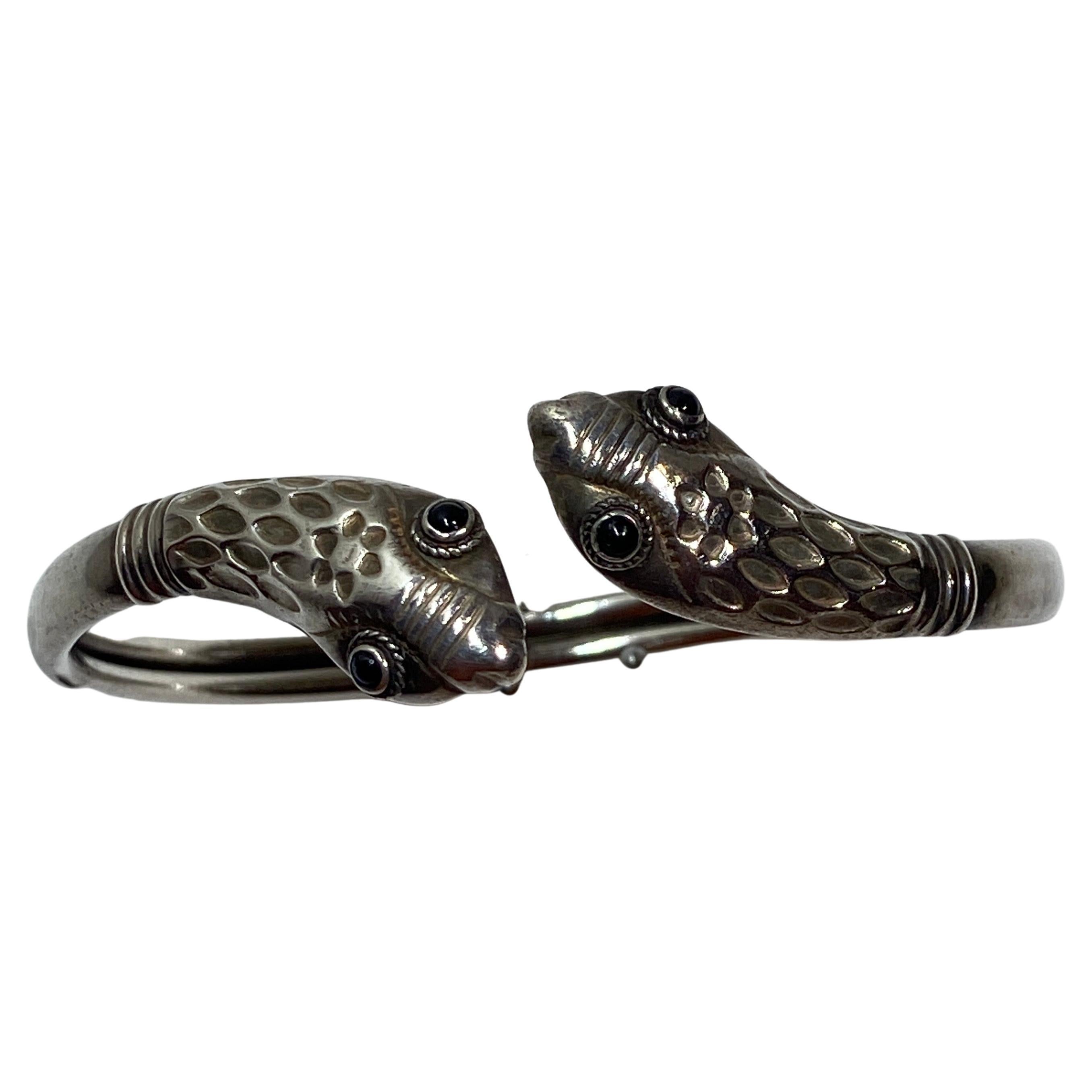 Detailed Sterling Silver "Pair of Snakes" Cuff Bracelet For Sale