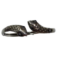 Retro Detailed Sterling Silver "Pair of Snakes" Cuff Bracelet