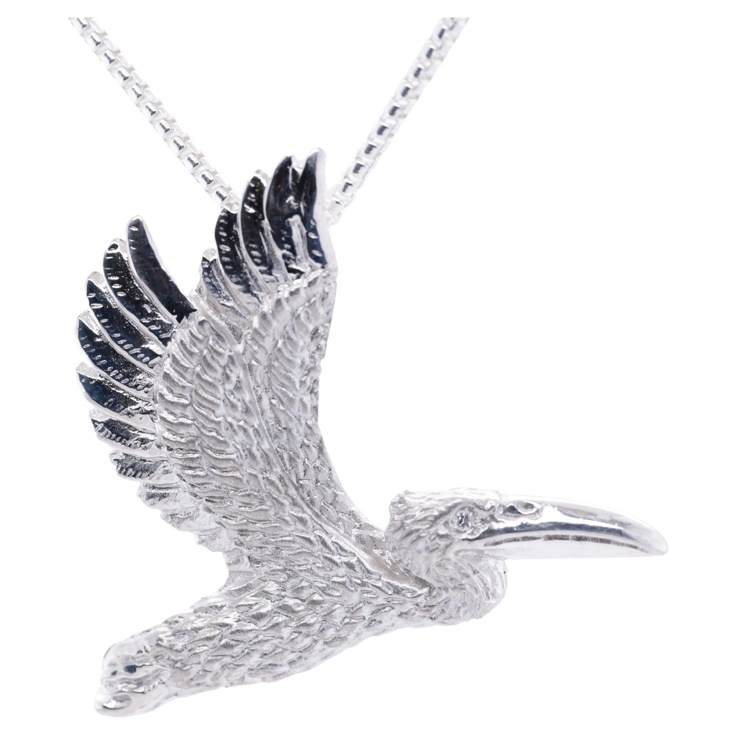 Contemporary Detailed Sterling Silver Pelican Pendant Necklace with Diamond Eye